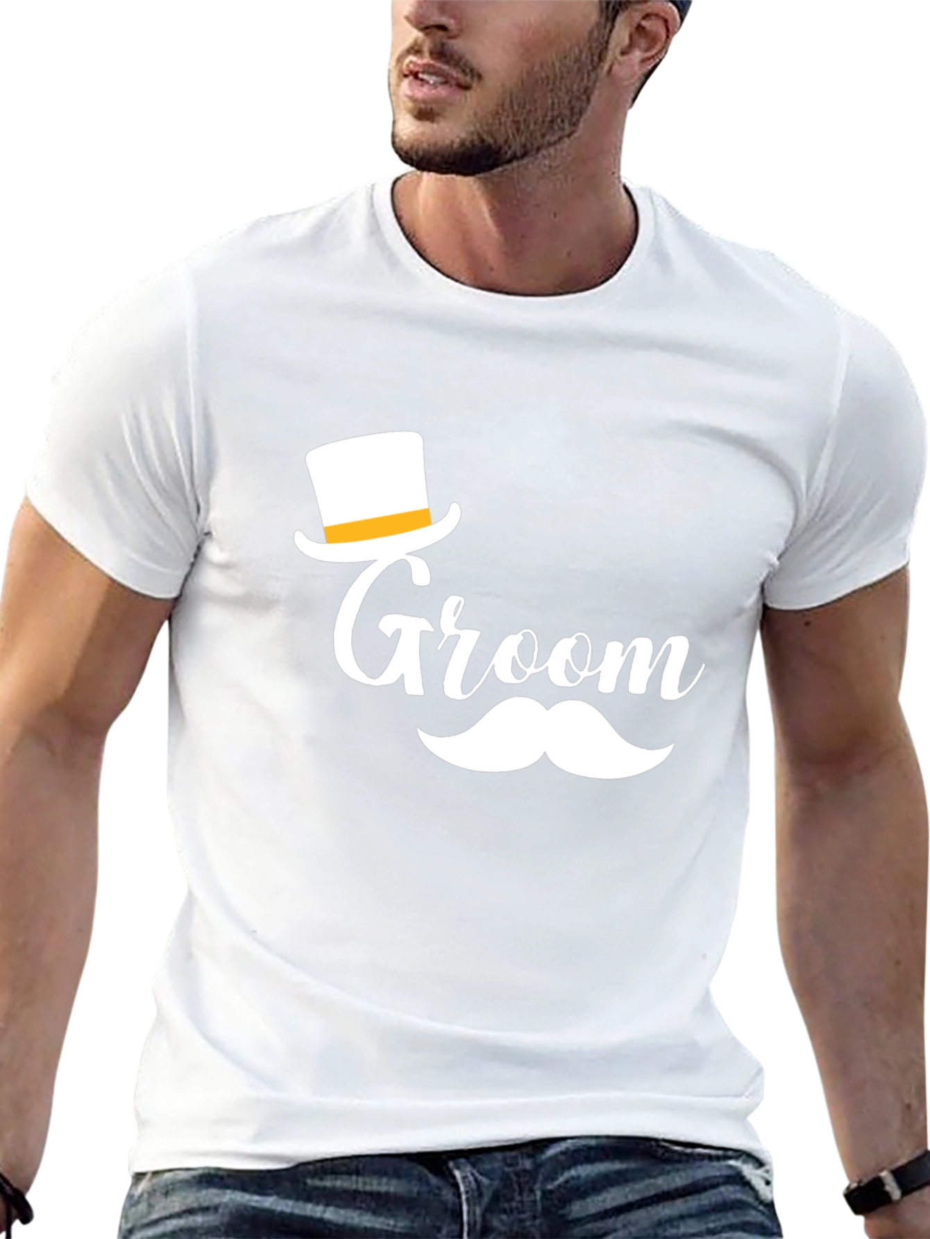 Groom T-Shirt Black with Top Hat and Mustache