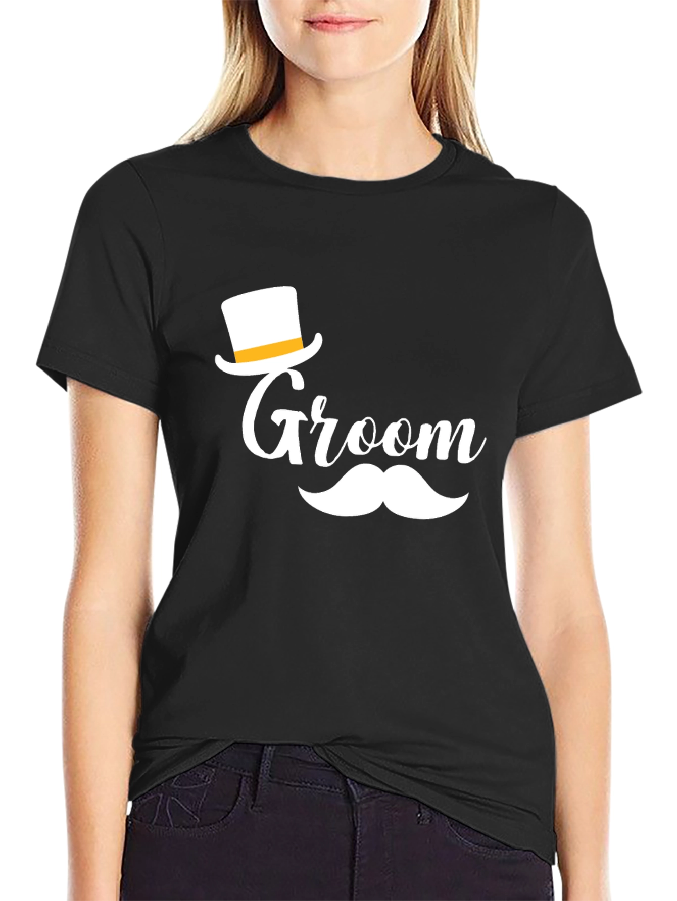 Groom T-Shirt Black with Top Hat and Mustache