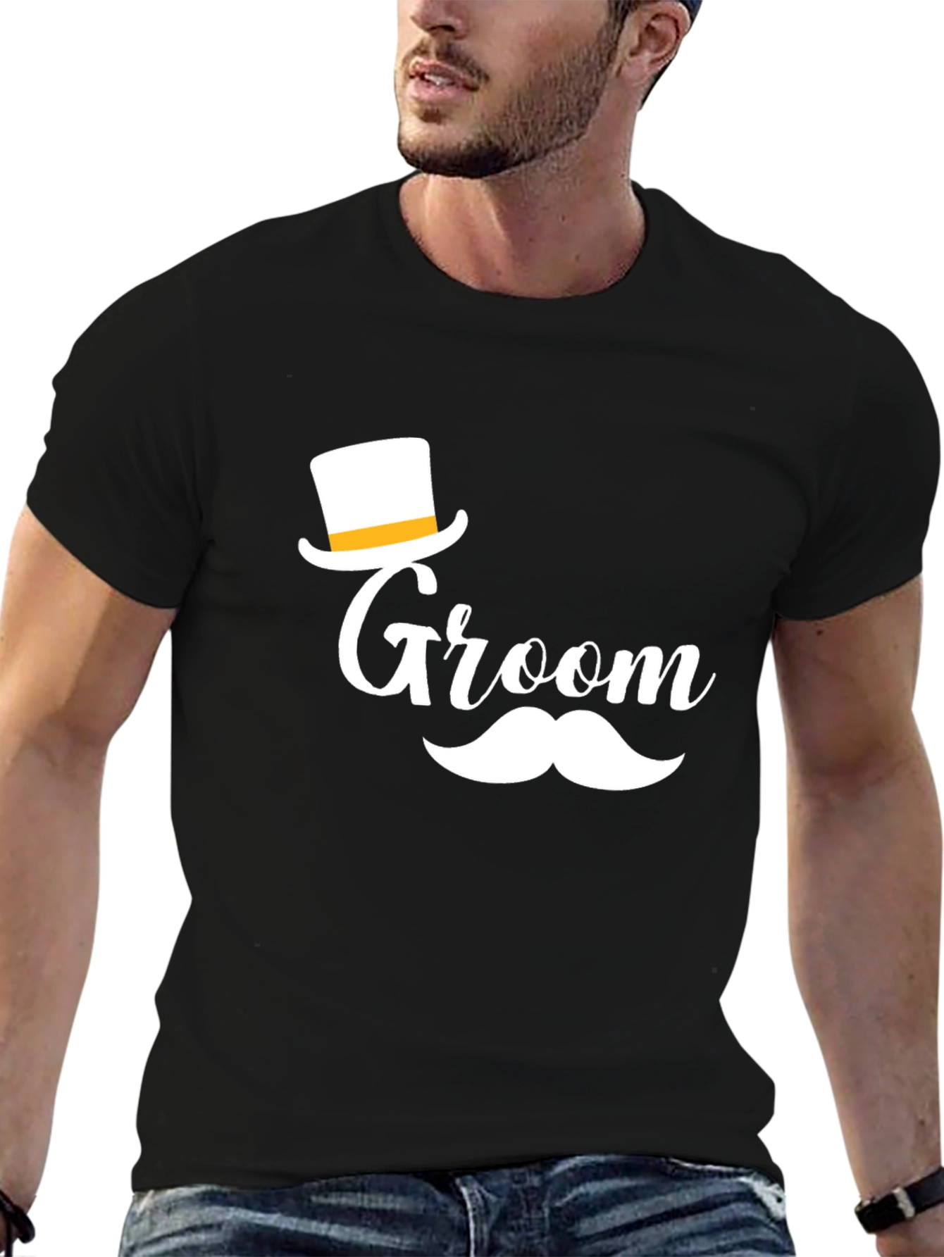 Groom T-Shirt Black with Top Hat and Mustache