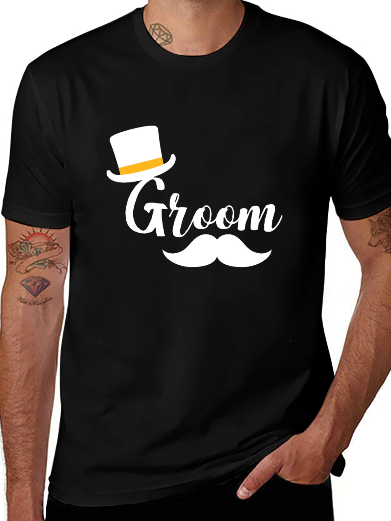 Groom T-Shirt Black with Top Hat and Mustache