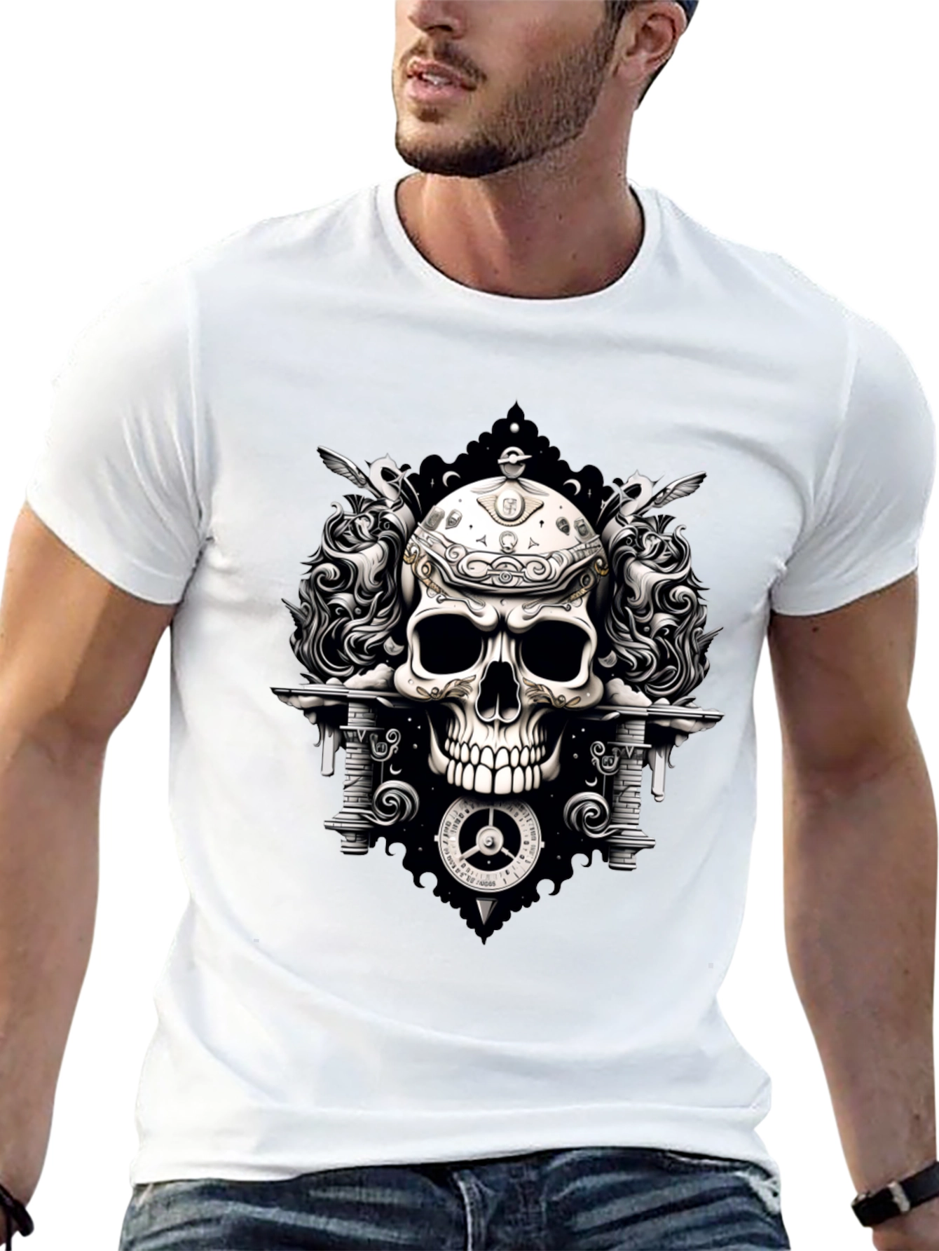 Skull & Clockwork Graphic Tee - Gothic Style