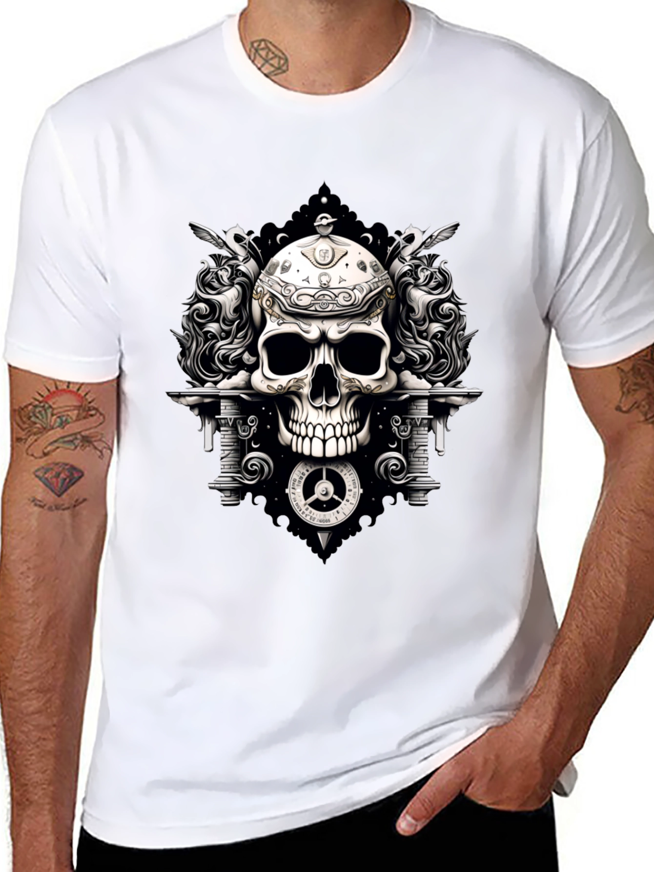 Skull & Clockwork Graphic Tee - Gothic Style