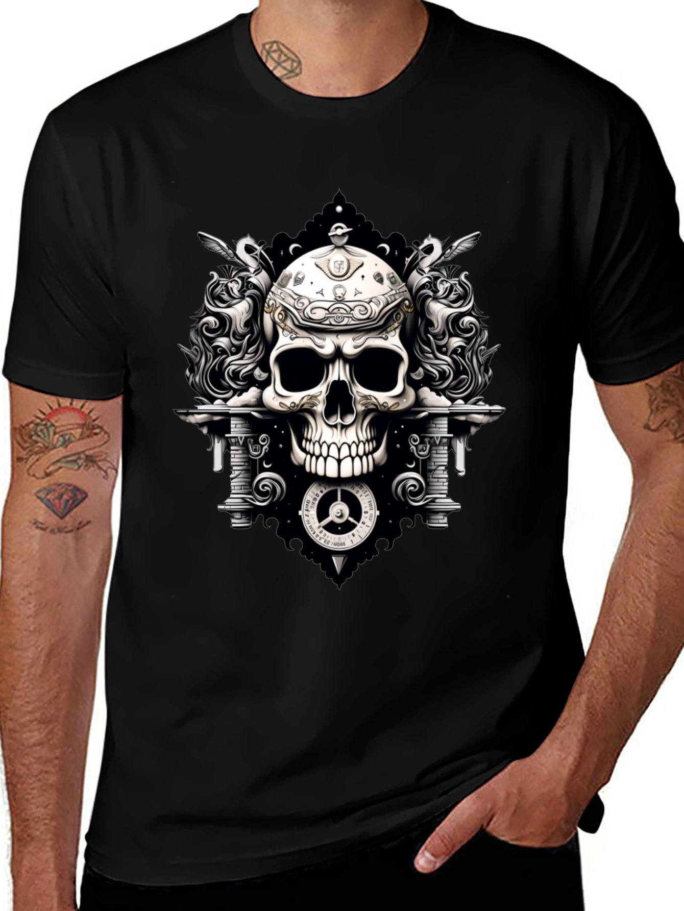 Skull & Clockwork Graphic Tee - Gothic Style