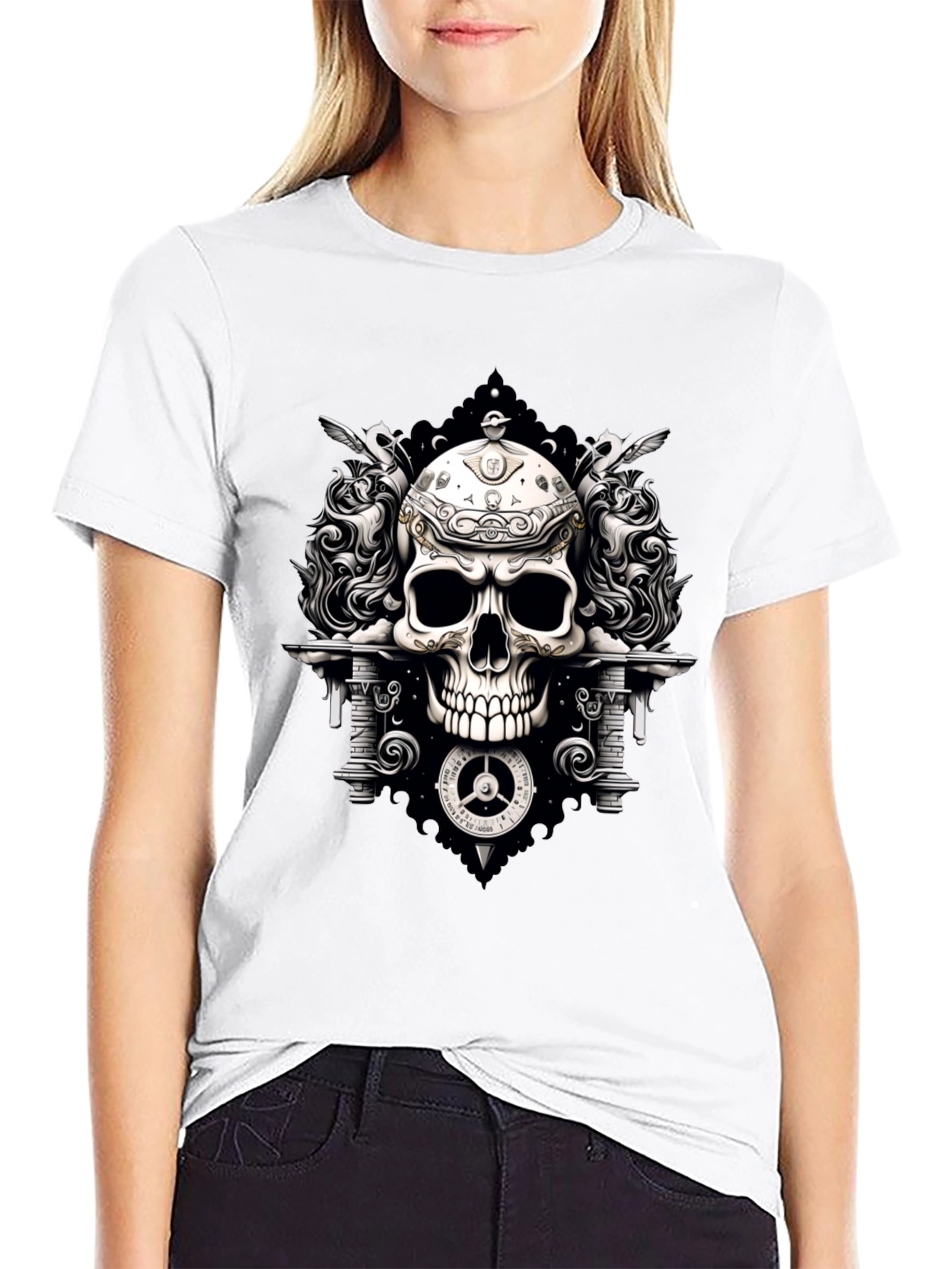 Skull & Clockwork Graphic Tee - Gothic Style
