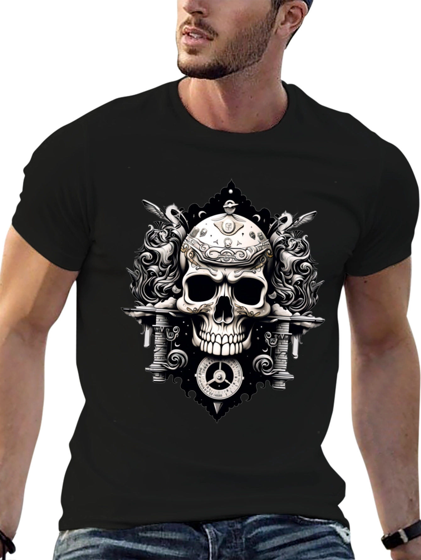 Skull & Clockwork Graphic Tee - Gothic Style