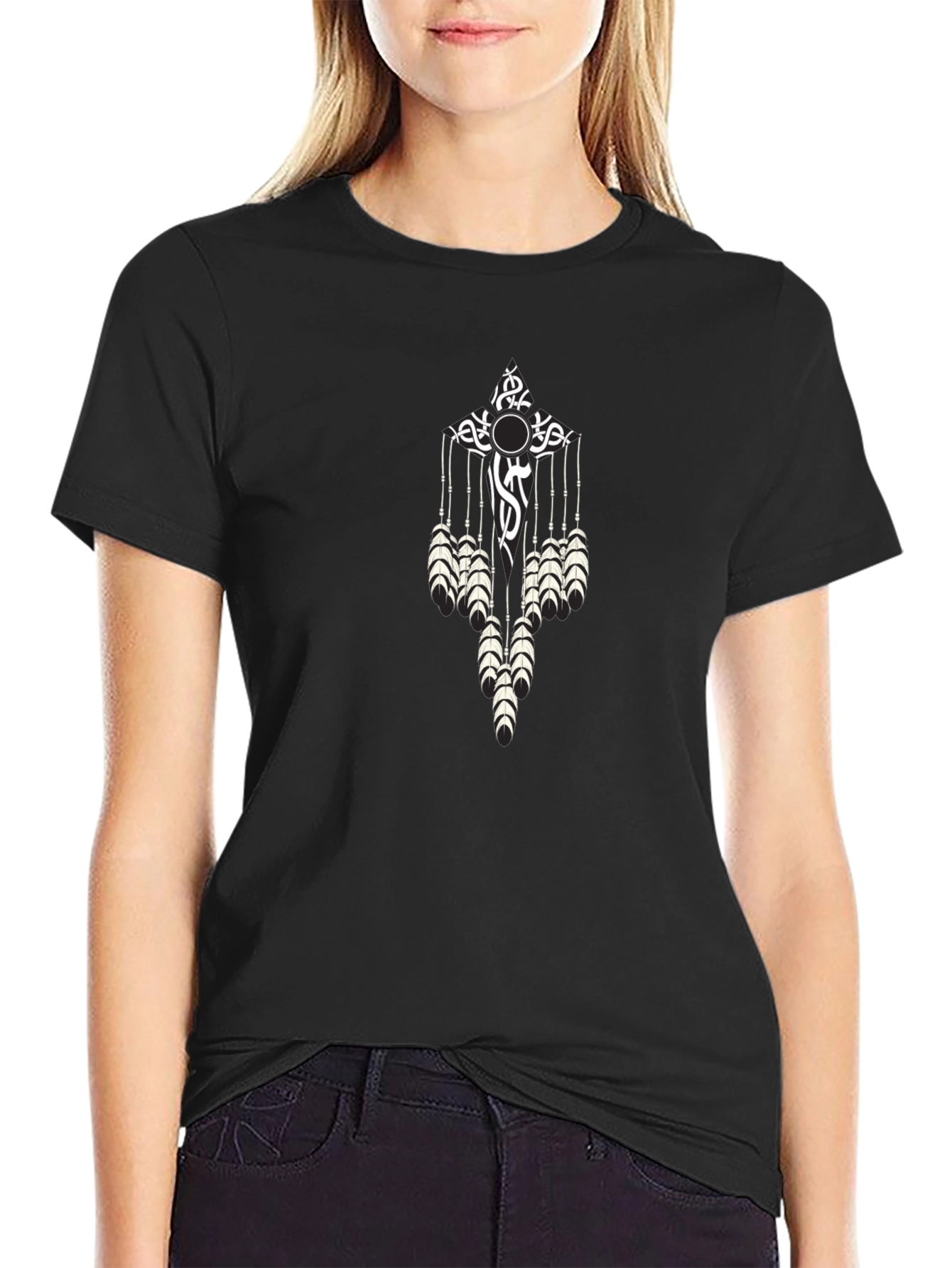 Tribal Feather Graphic Black T-Shirt