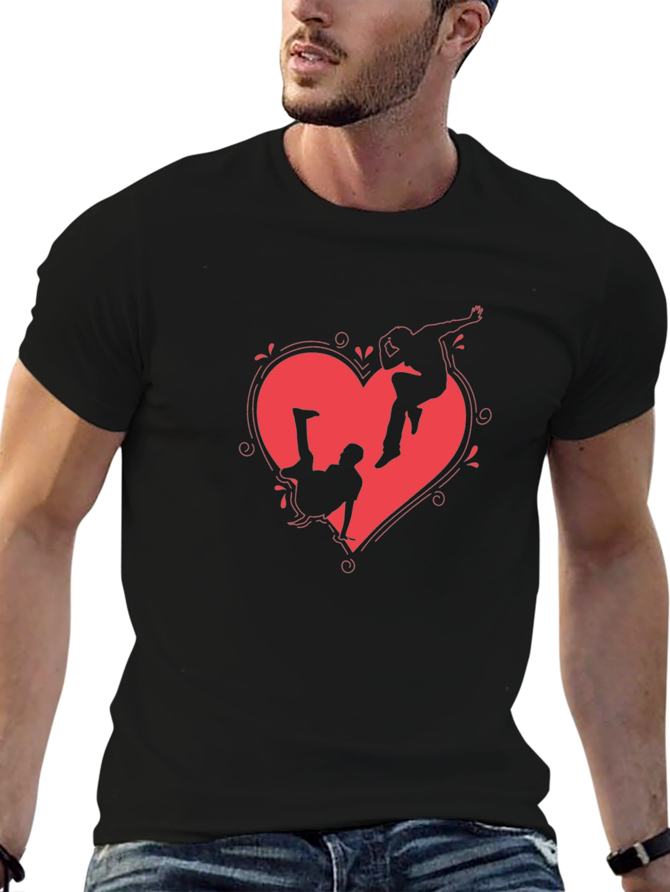 Heart Breakdance Graphic Tee - Black Crewneck T-Shirt