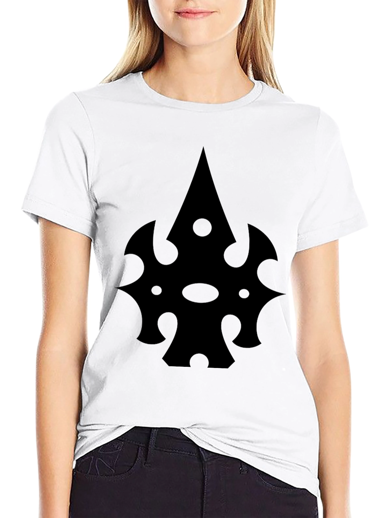 Black T-Shirt with Abstract Spade-Like Graphic