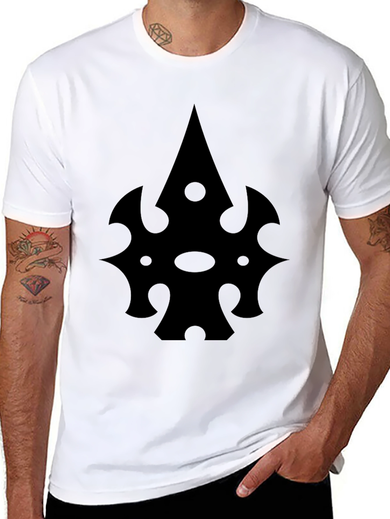 Black T-Shirt with Abstract Spade-Like Graphic