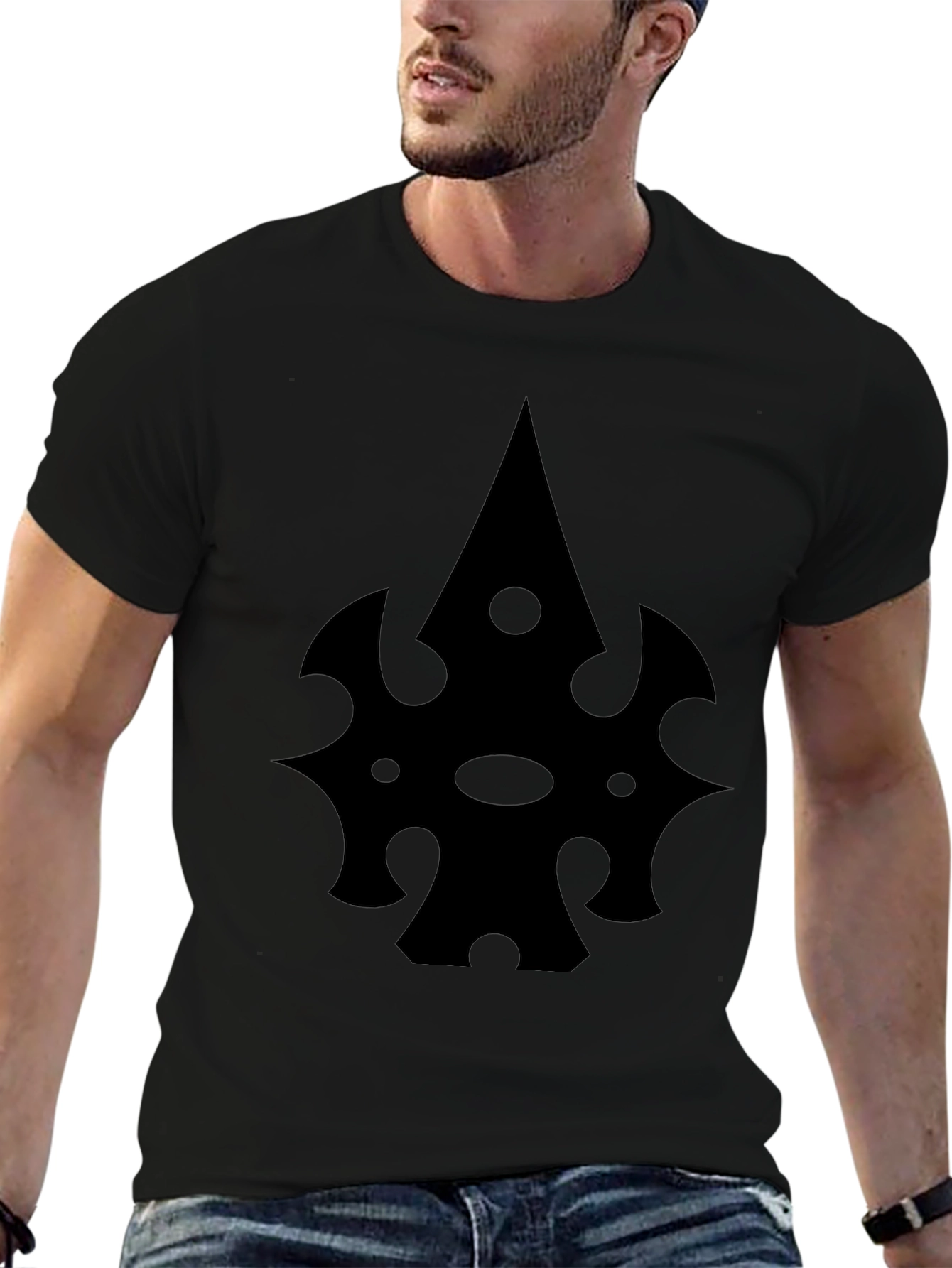 Black T-Shirt with Abstract Spade-Like Graphic