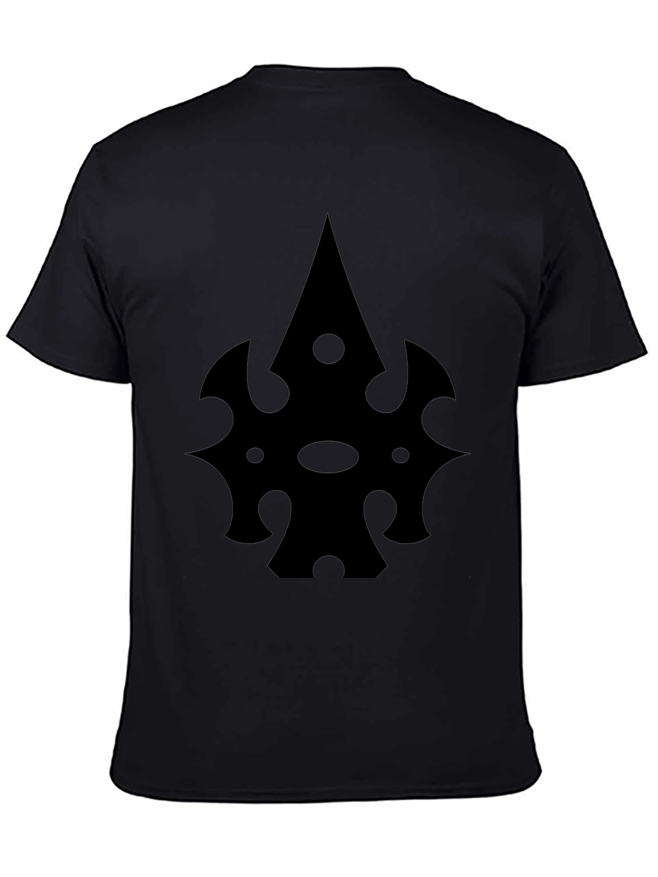 Black T-Shirt with Abstract Spade-Like Graphic
