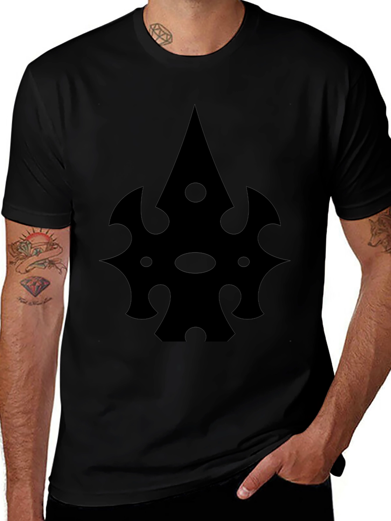 Black T-Shirt with Abstract Spade-Like Graphic