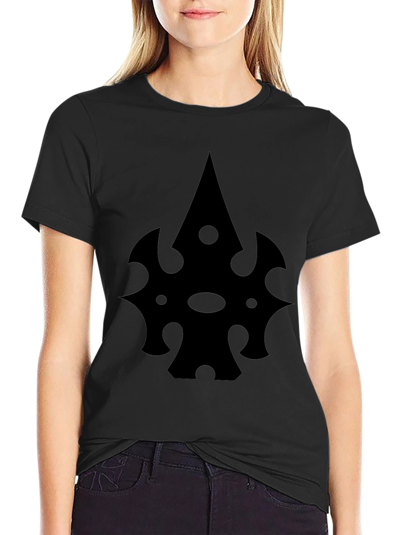 Black T-Shirt with Abstract Spade-Like Graphic