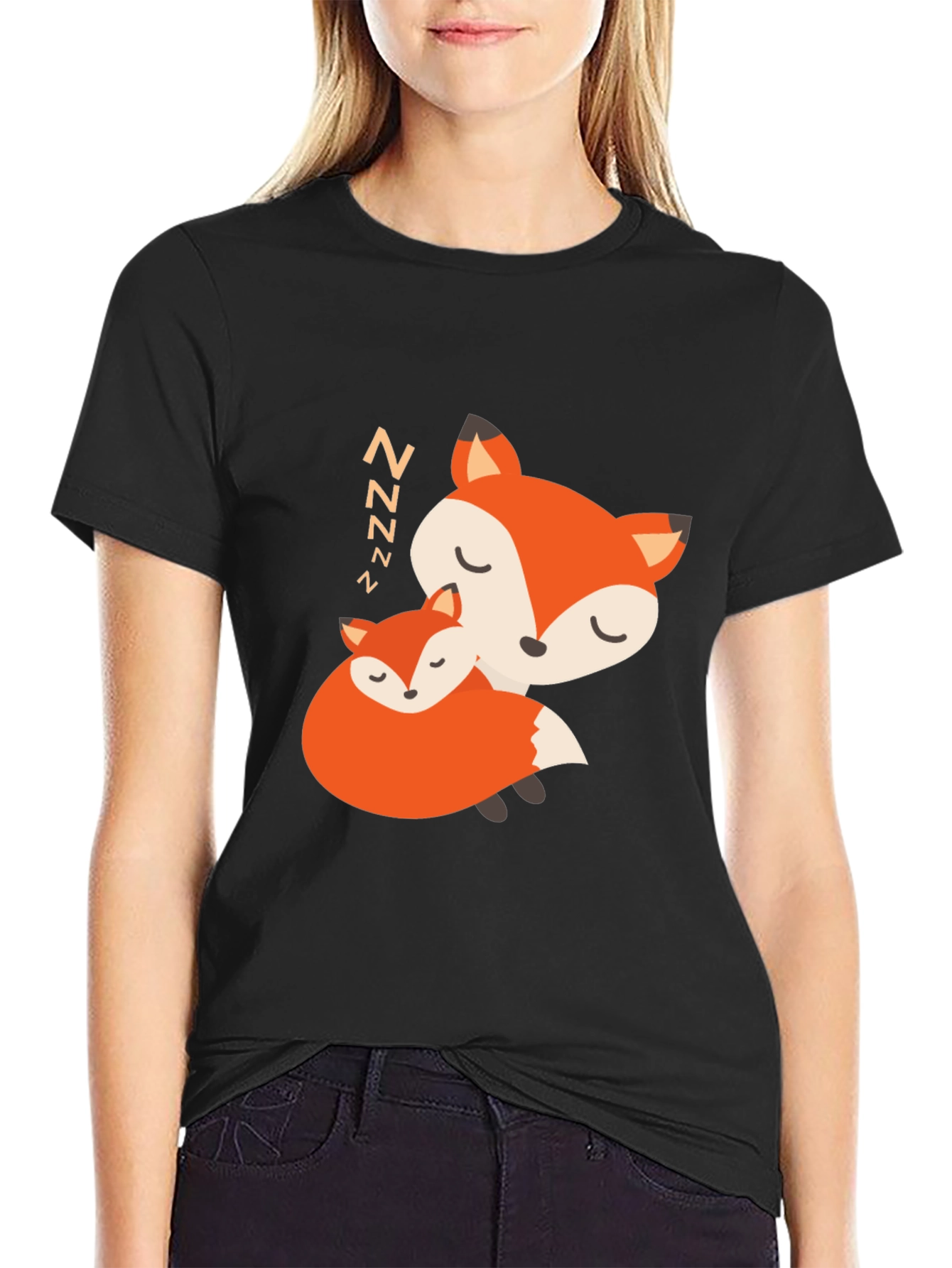 Cute Sleeping Fox Graphic Black T-Shirt