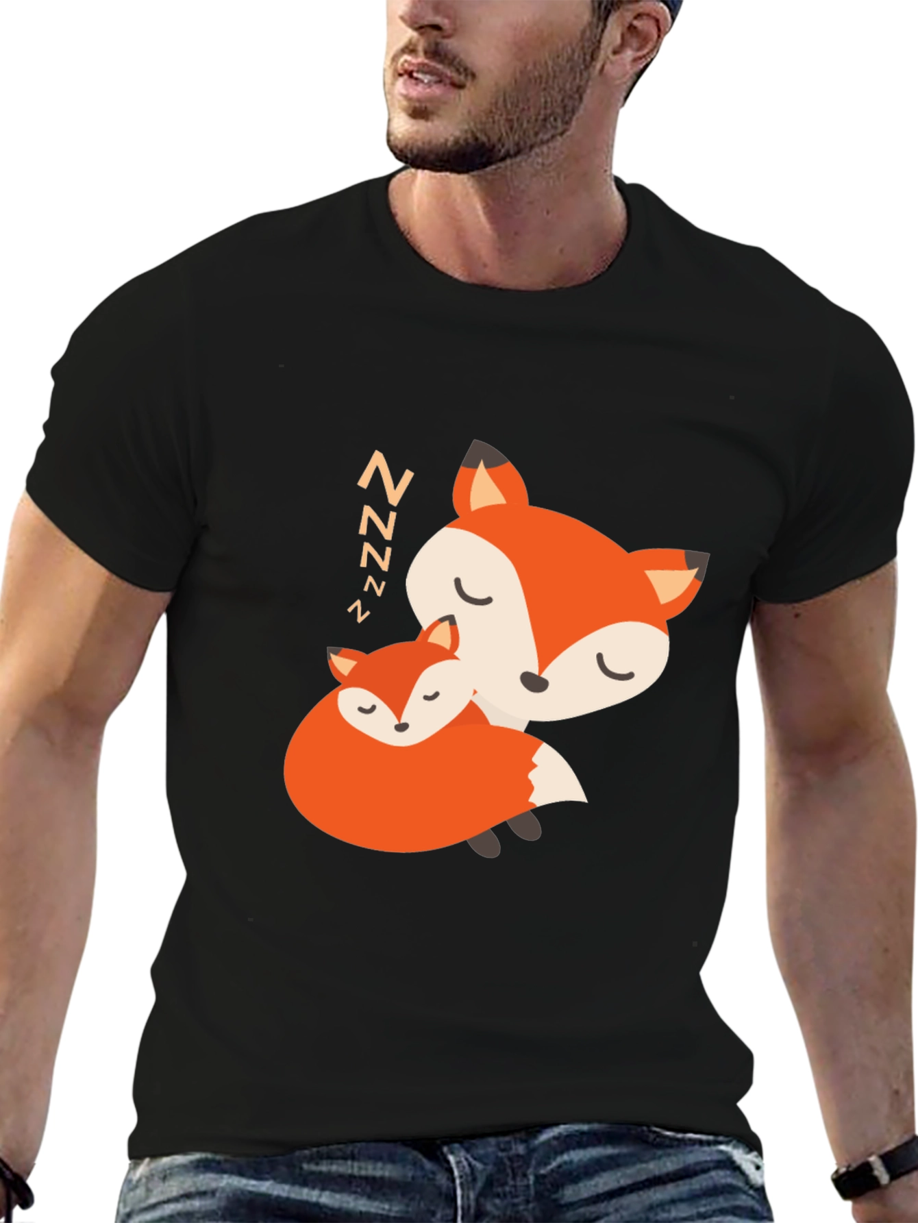 Cute Sleeping Fox Graphic Black T-Shirt