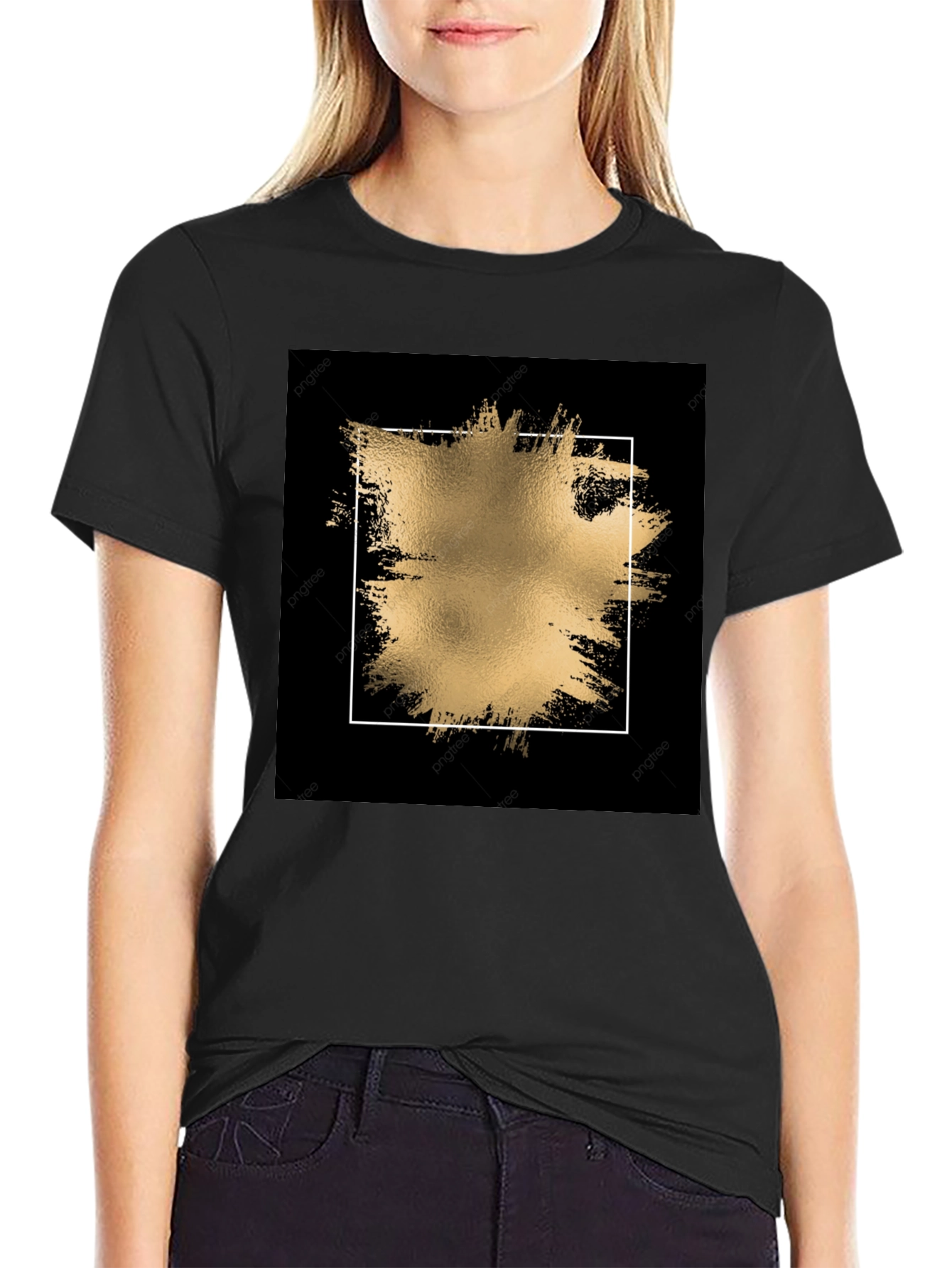 Black Tee with Gold Abstract Square