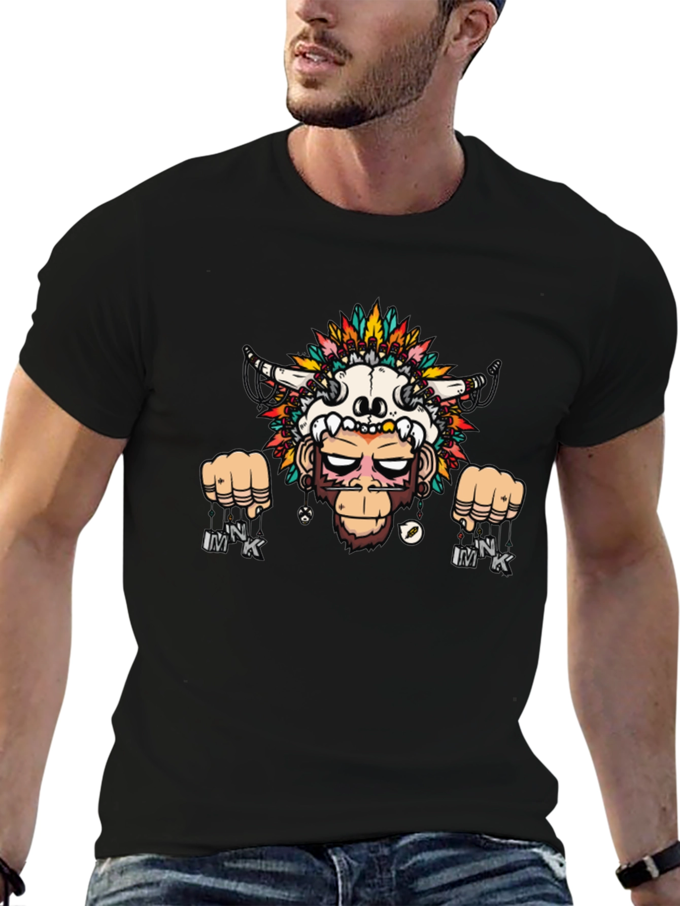 Monkey Skull Headdress Graphic Tee - Black