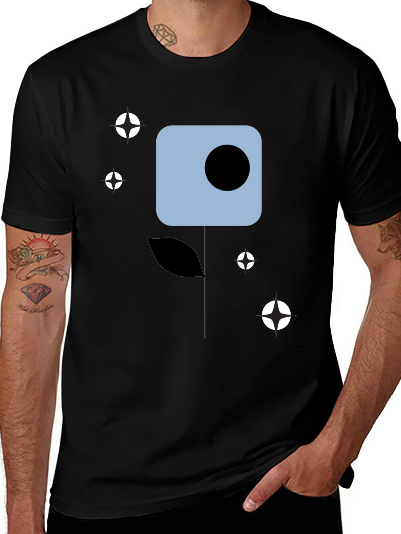 Modern Abstract Flower Graphic Tee - Black Cotton Shirt