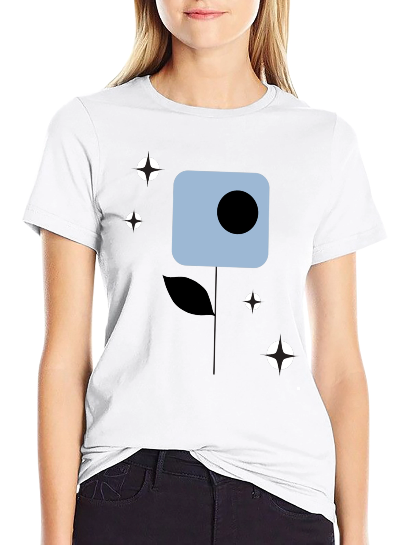 Modern Abstract Flower Graphic Tee - Black Cotton Shirt
