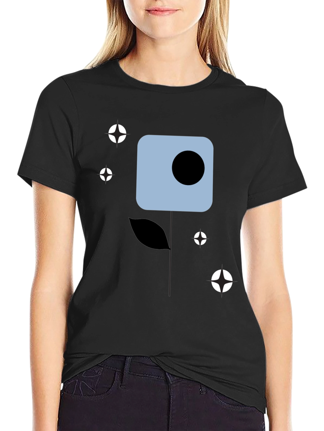 Modern Abstract Flower Graphic Tee - Black Cotton Shirt
