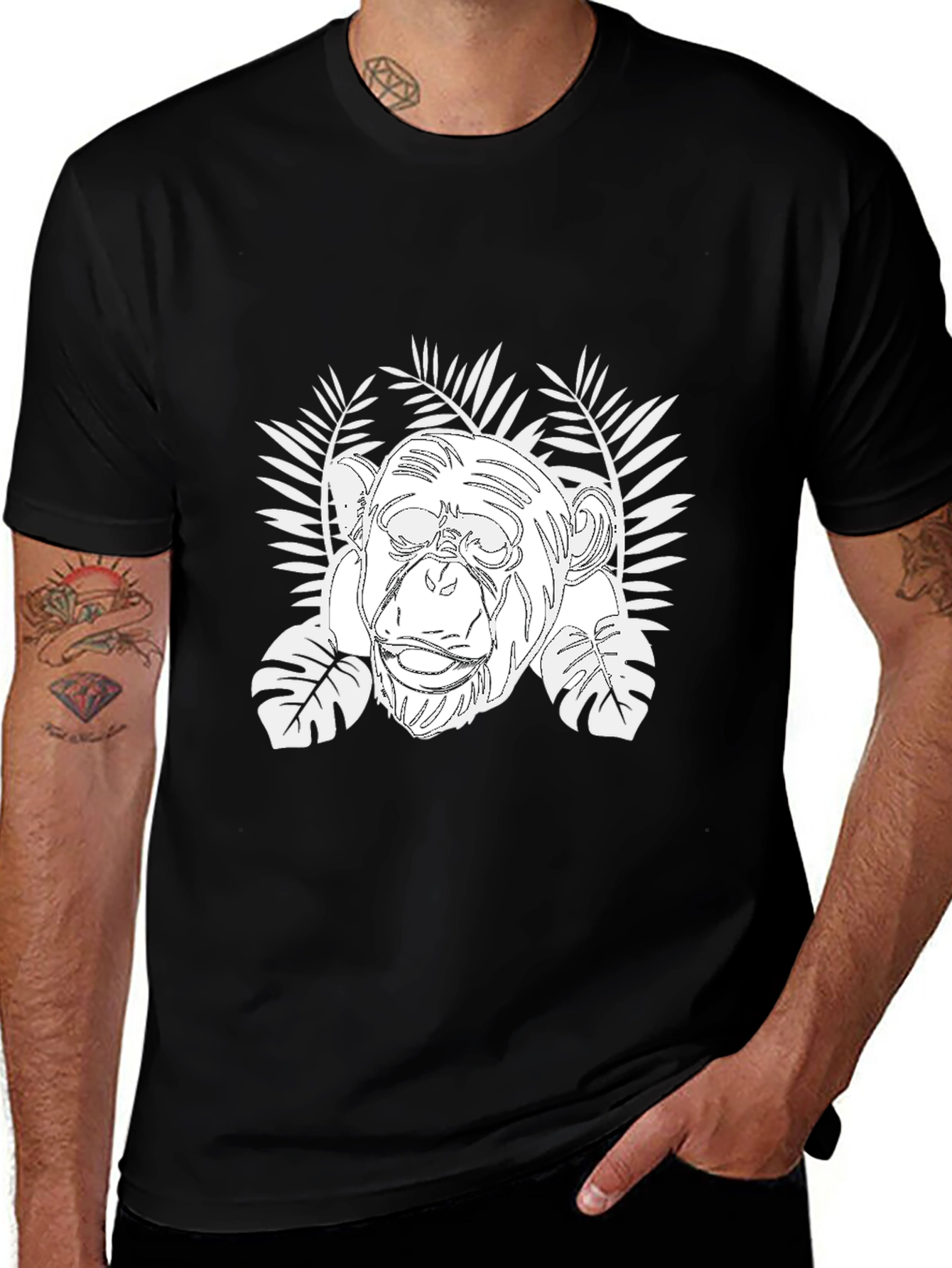 Chimpanzee & Tropical Leaves Graphic T-Shirt