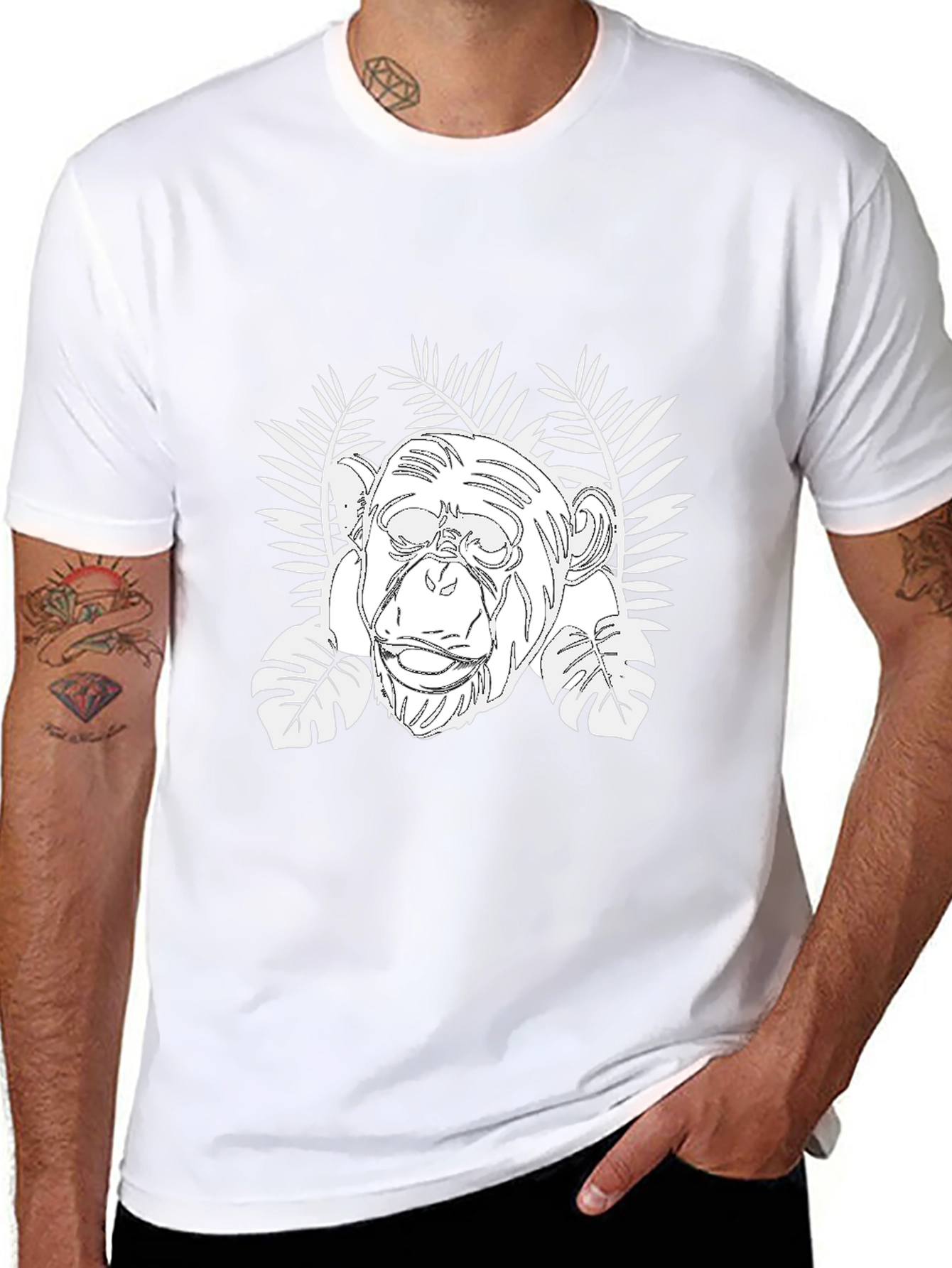 Chimpanzee & Tropical Leaves Graphic T-Shirt