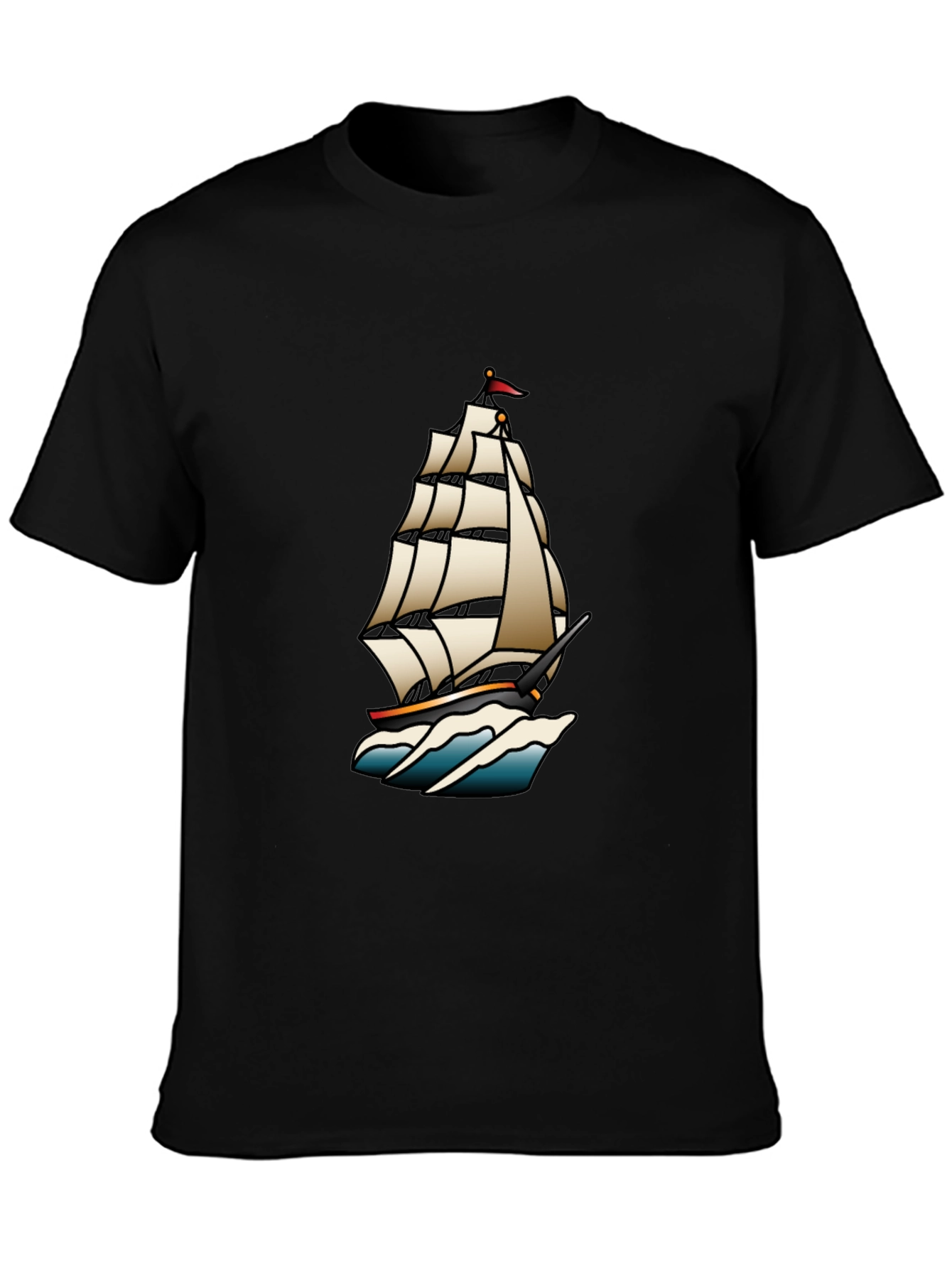Classic Black T-Shirt with Traditional Ship Tattoo Design