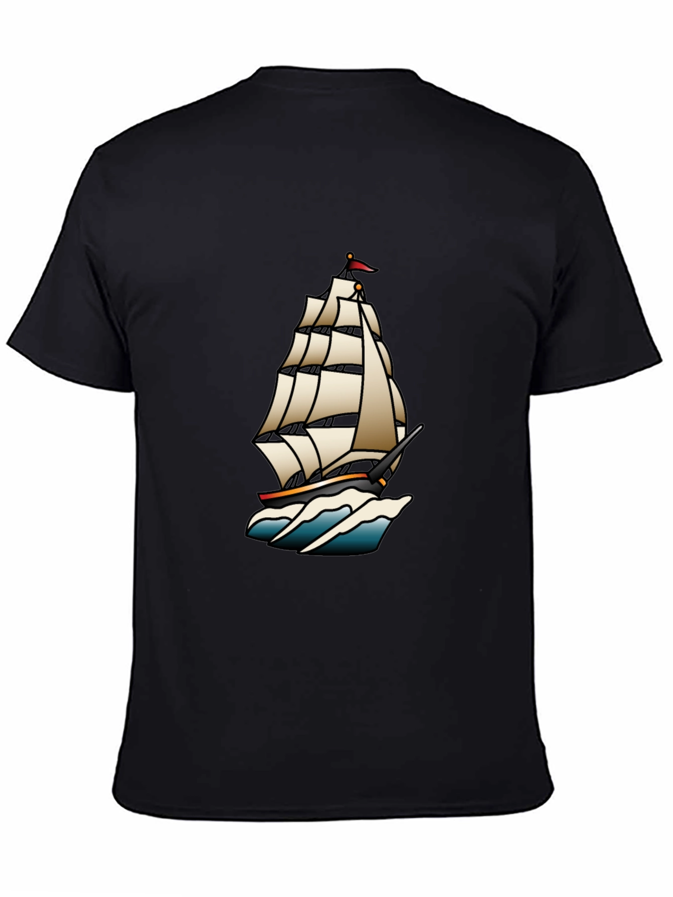 Classic Black T-Shirt with Traditional Ship Tattoo Design