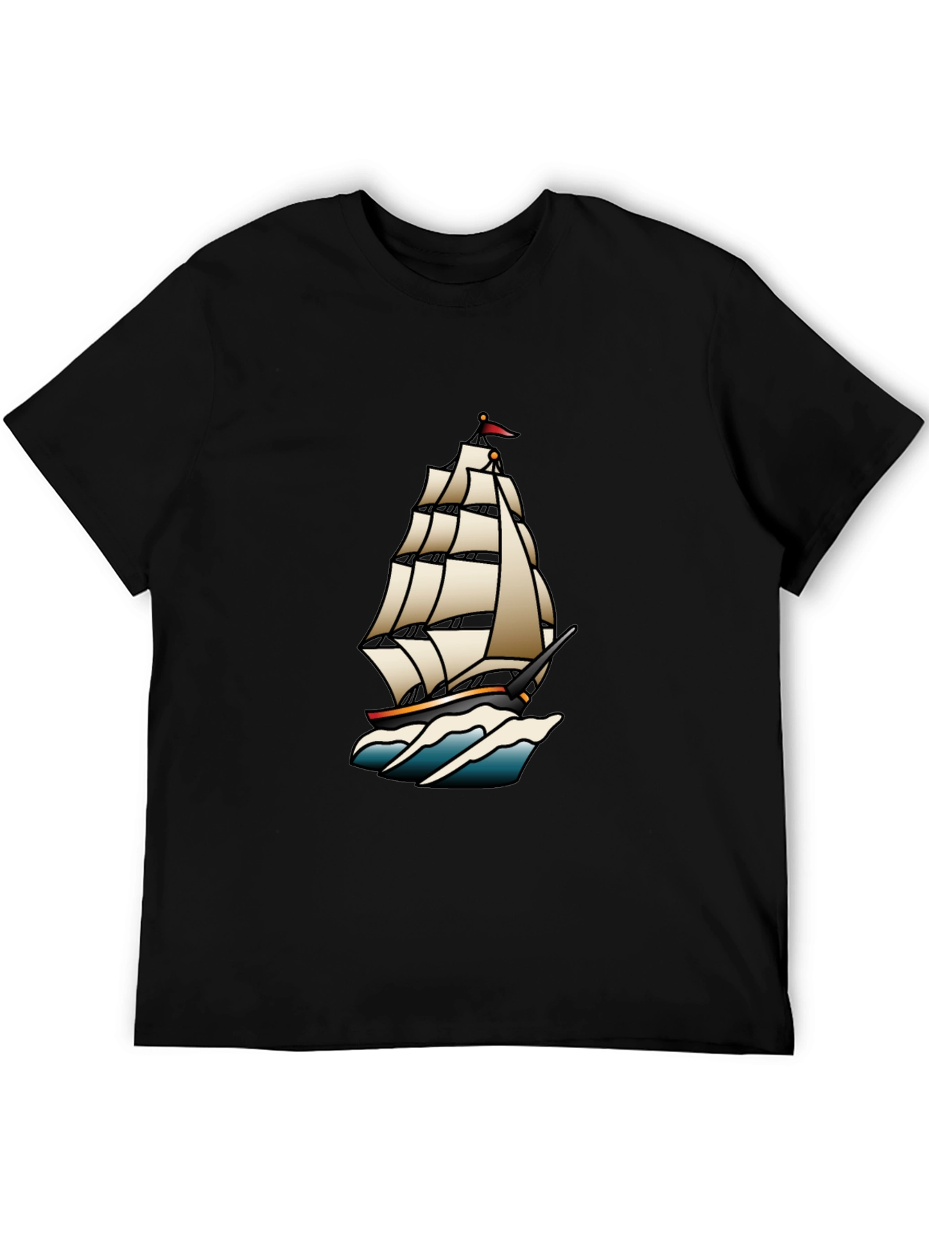 Classic Black T-Shirt with Traditional Ship Tattoo Design
