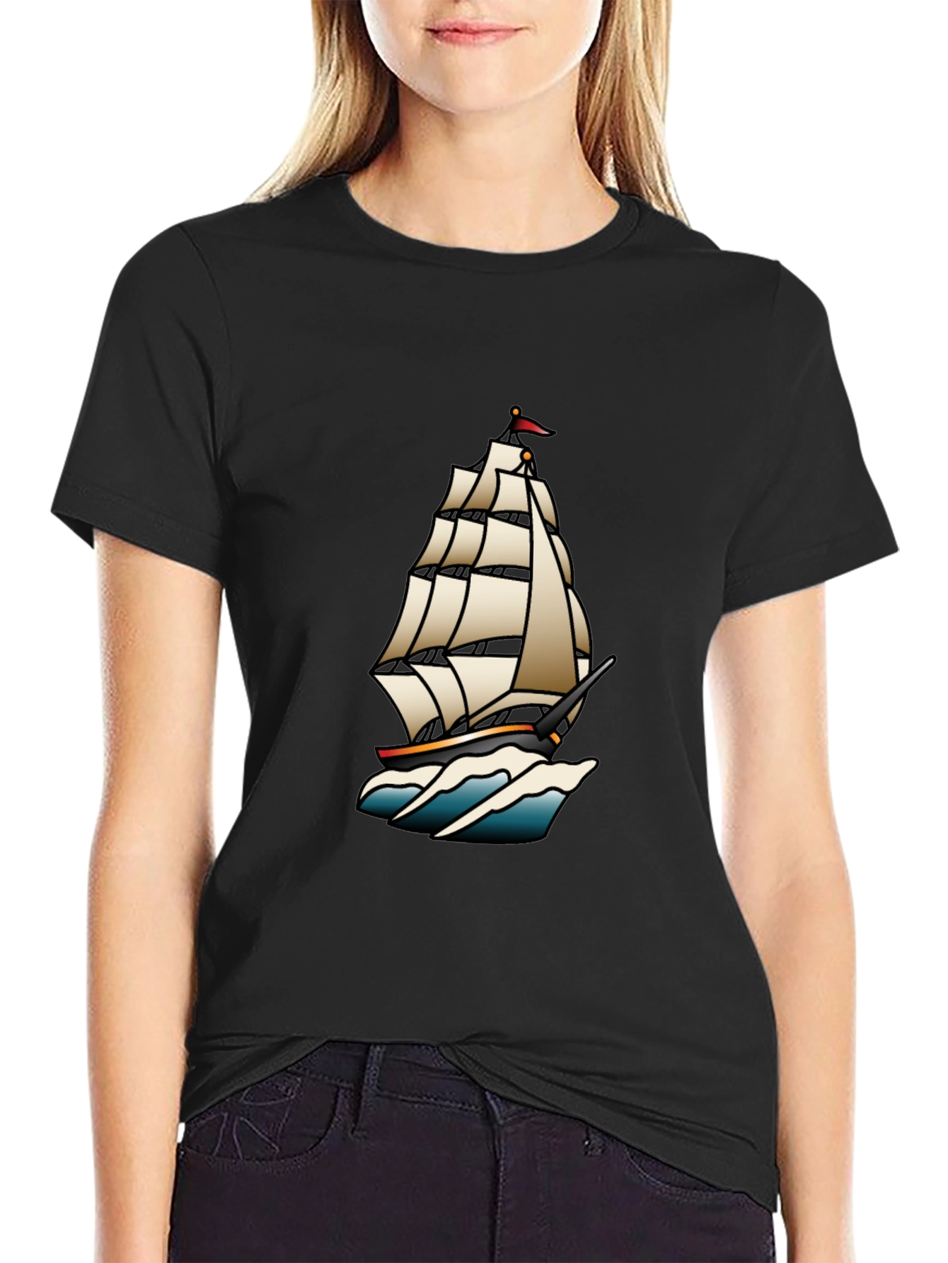 Classic Black T-Shirt with Traditional Ship Tattoo Design