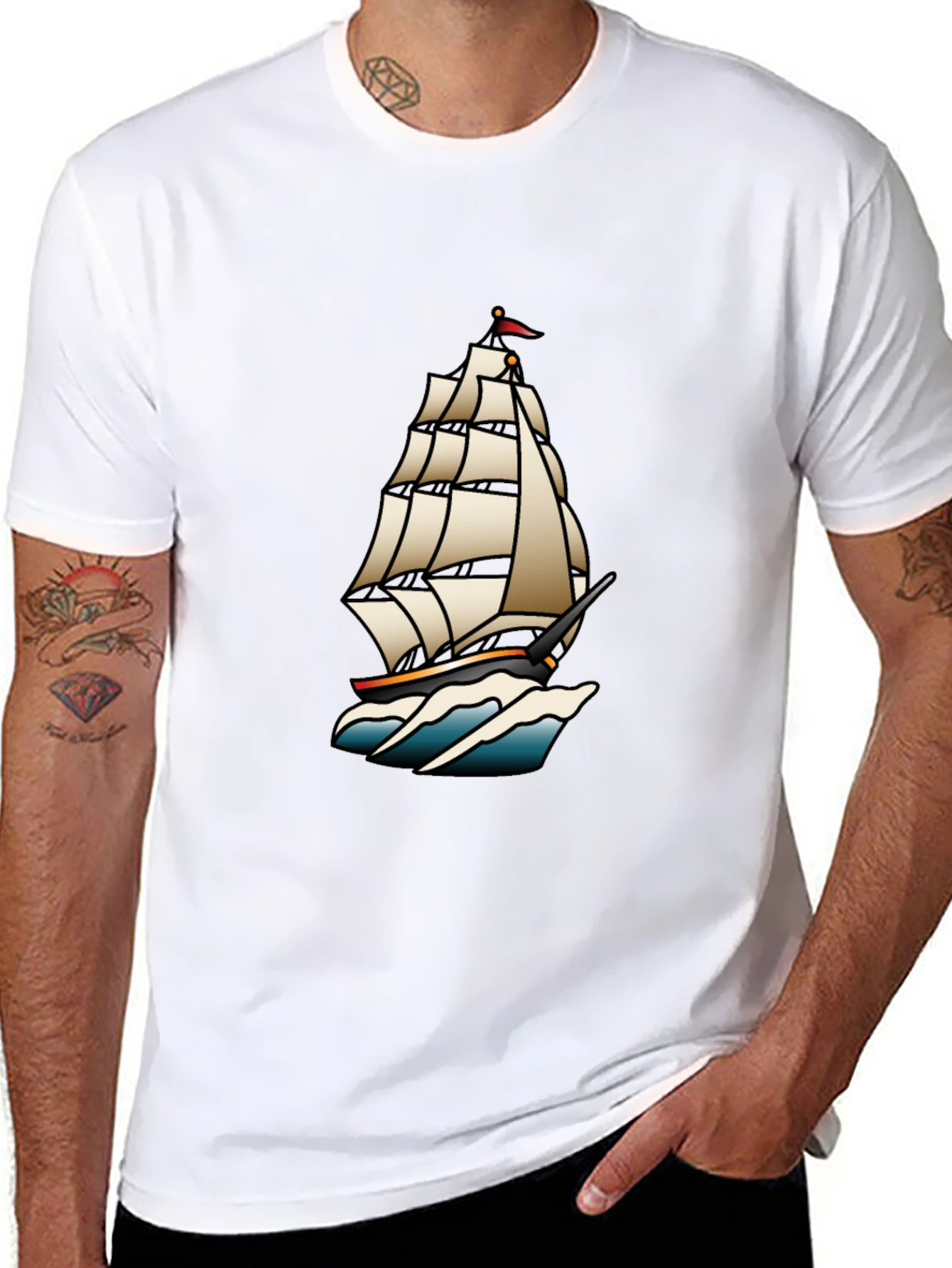 Classic Black T-Shirt with Traditional Ship Tattoo Design