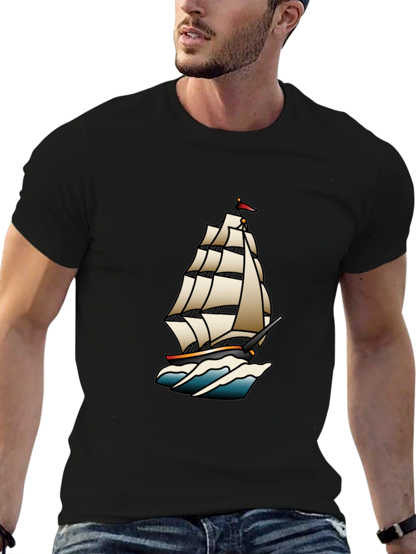 Classic Black T-Shirt with Traditional Ship Tattoo Design