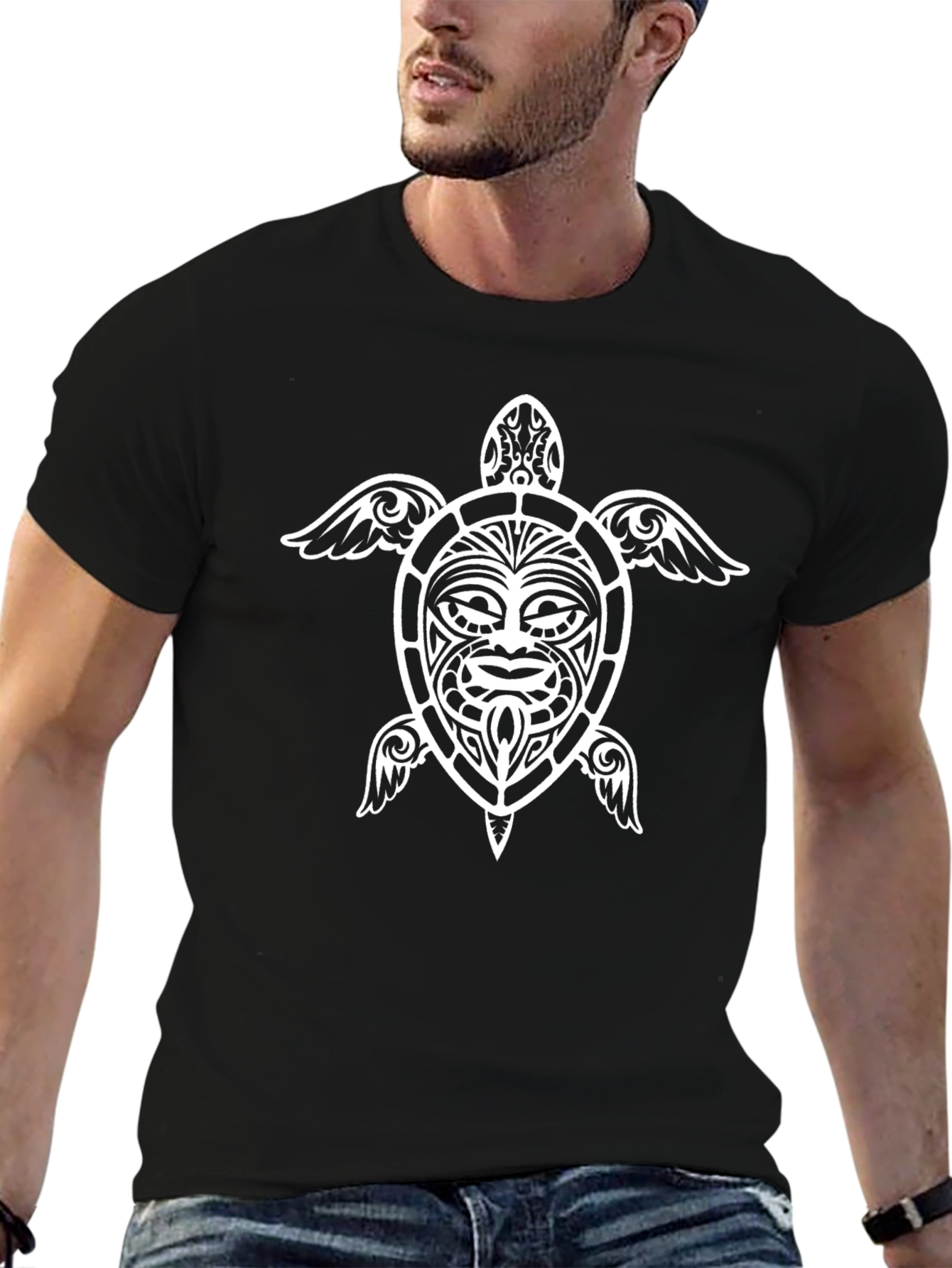 Tribal Turtle Graphic Tee - Soft Black Cotton