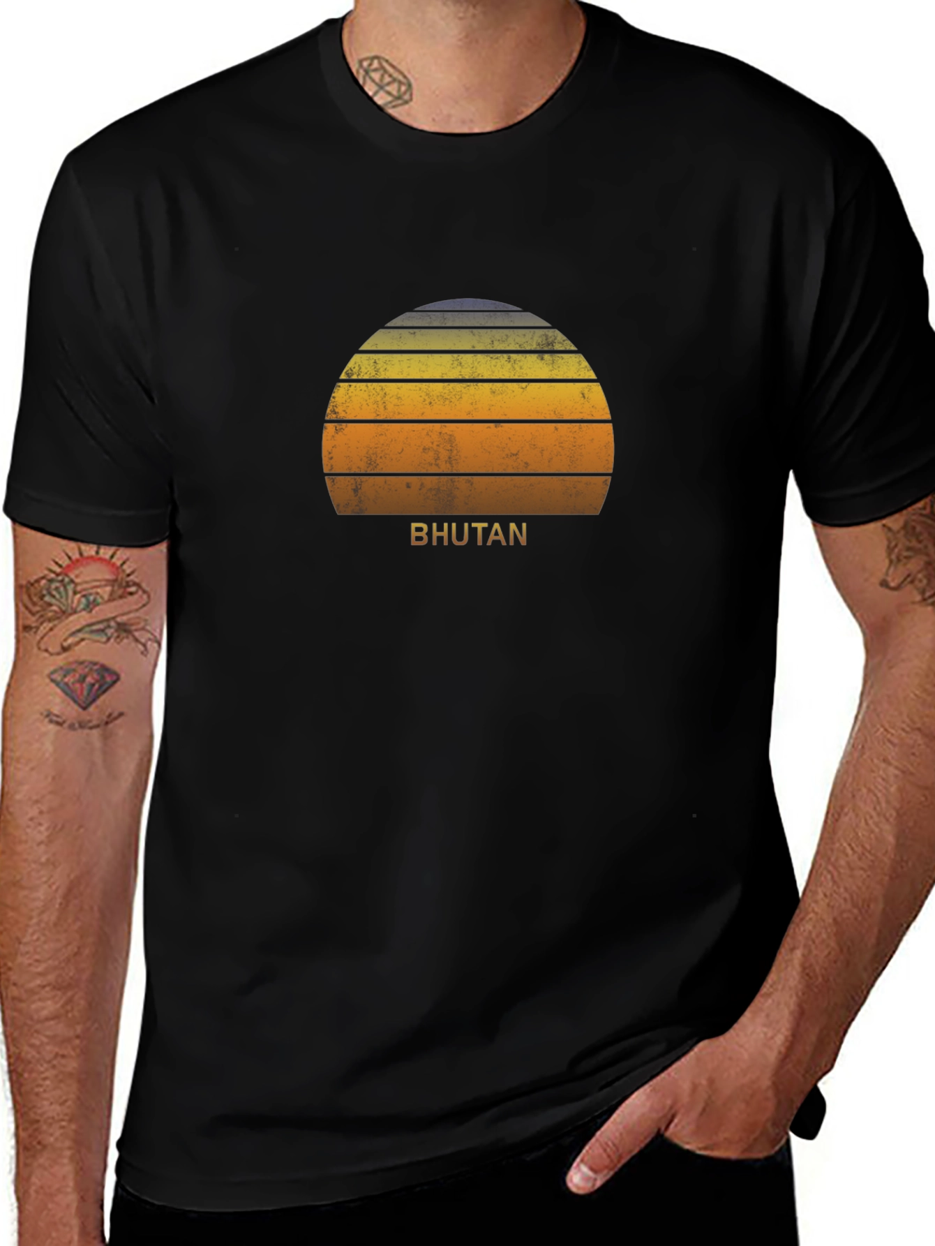 Bhutan Sunset Graphic Tee - Retro Style Black T-Shirt