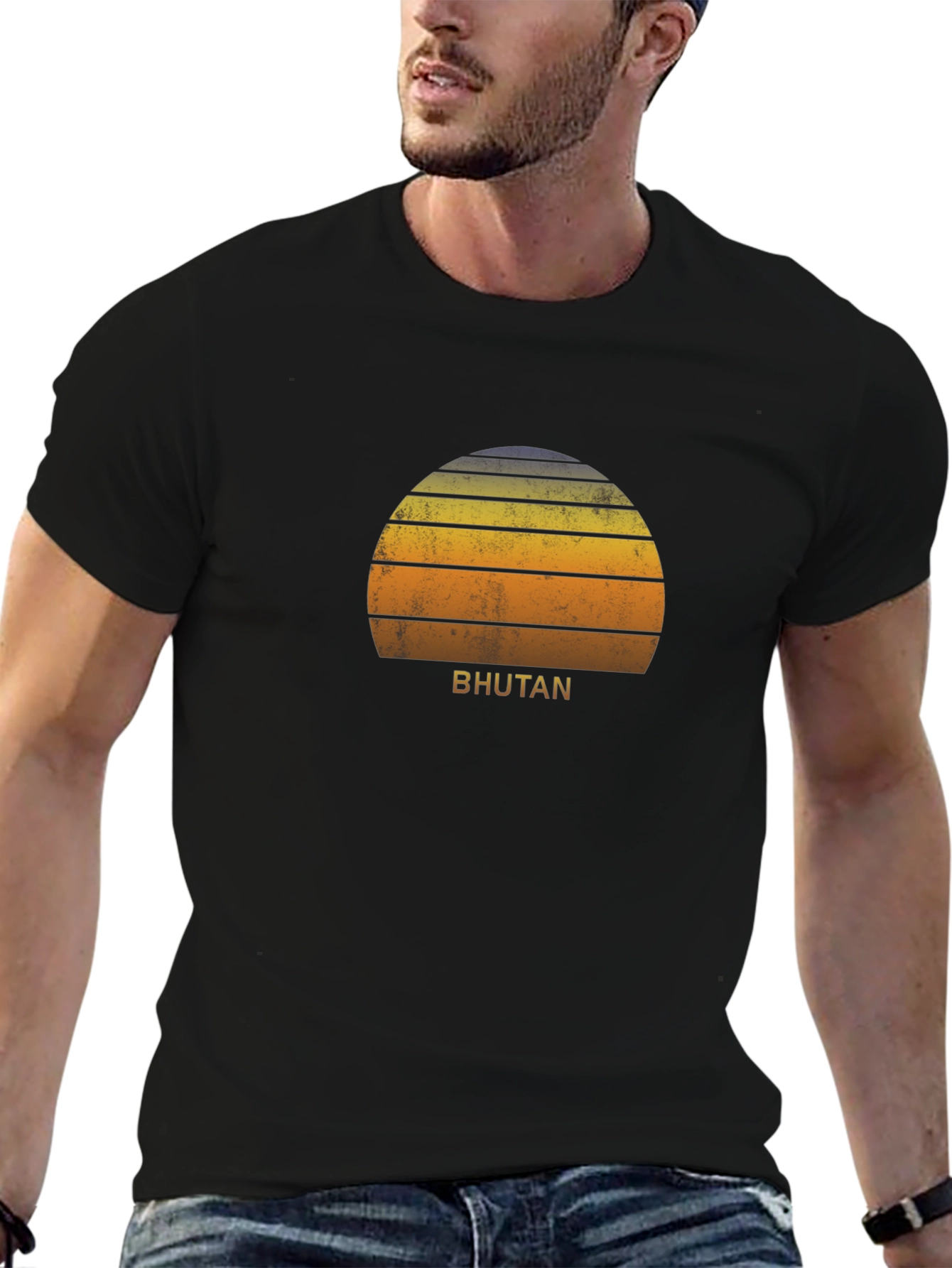 Bhutan Sunset Graphic Tee - Retro Style Black T-Shirt