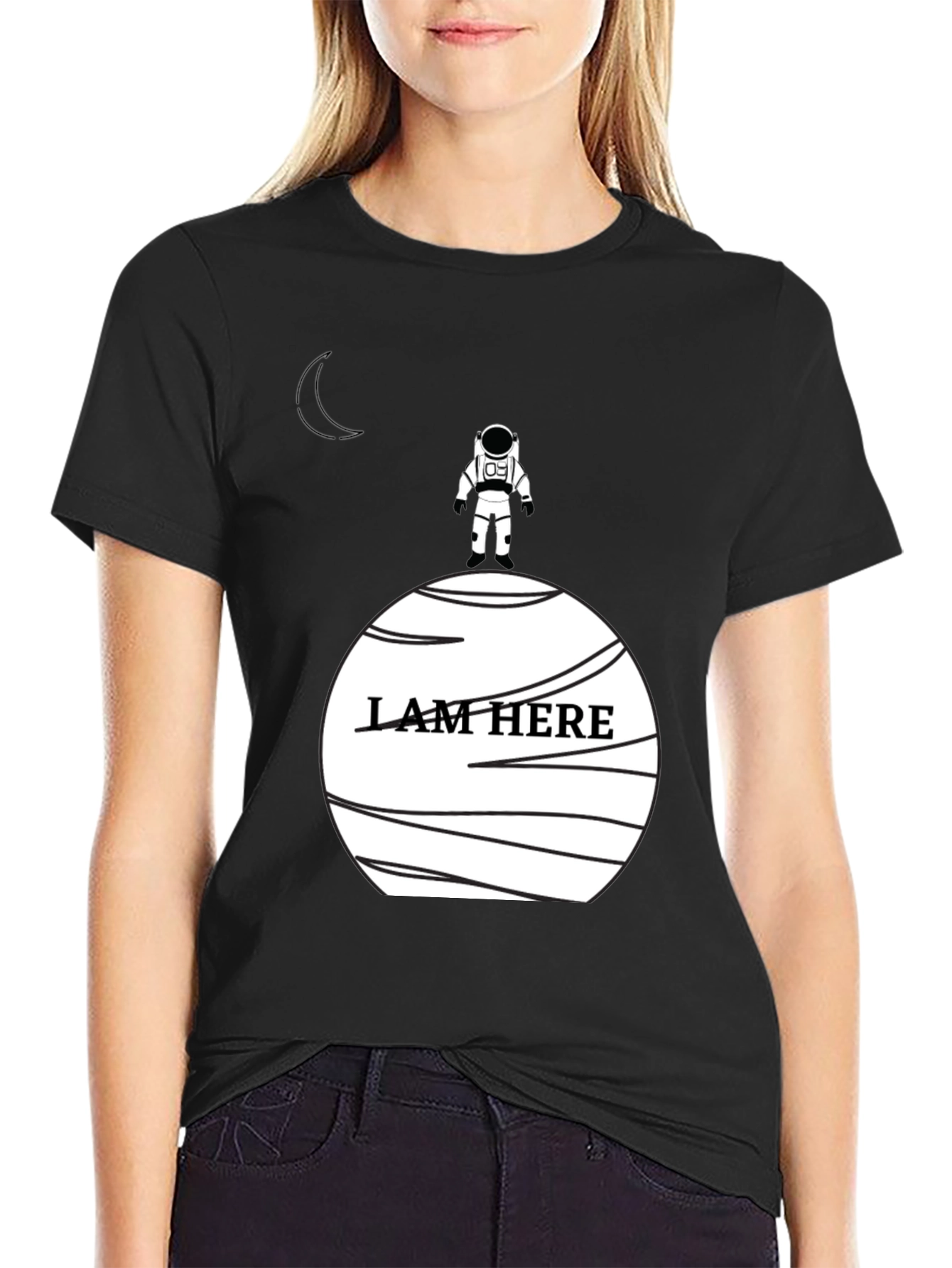 Astronaut I Am Here Graphic Black T-Shirt