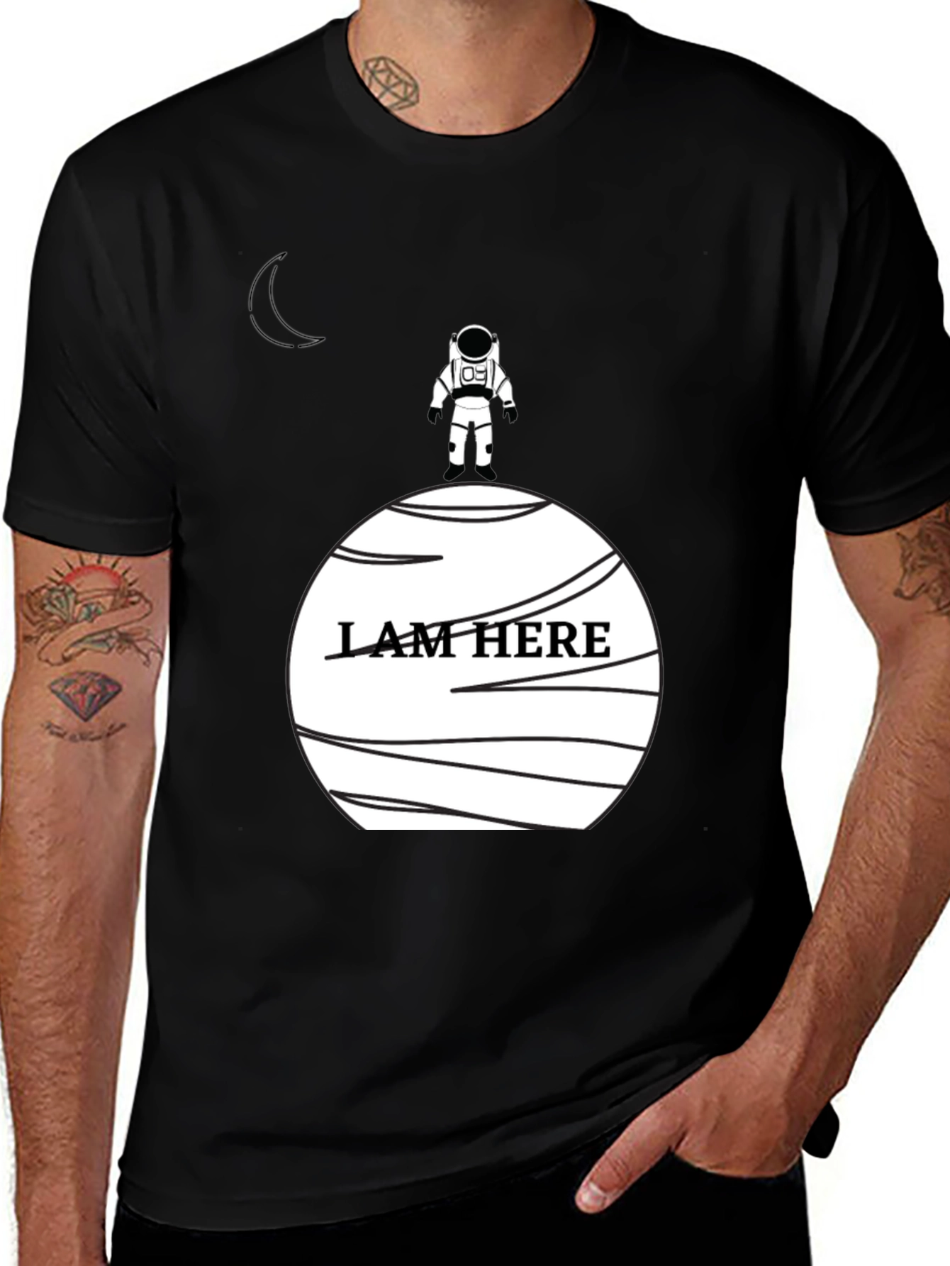 Astronaut I Am Here Graphic Black T-Shirt