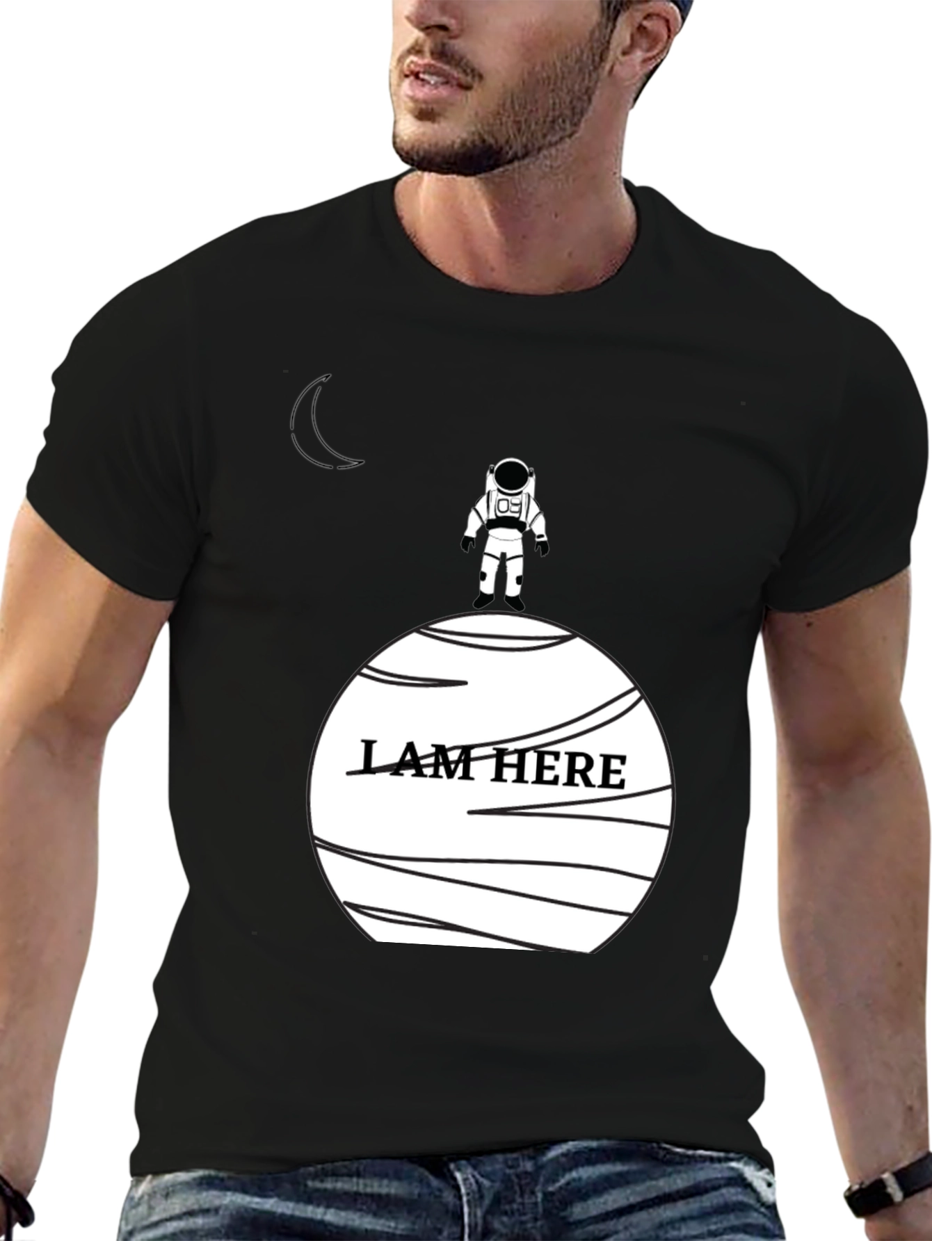Astronaut I Am Here Graphic Black T-Shirt