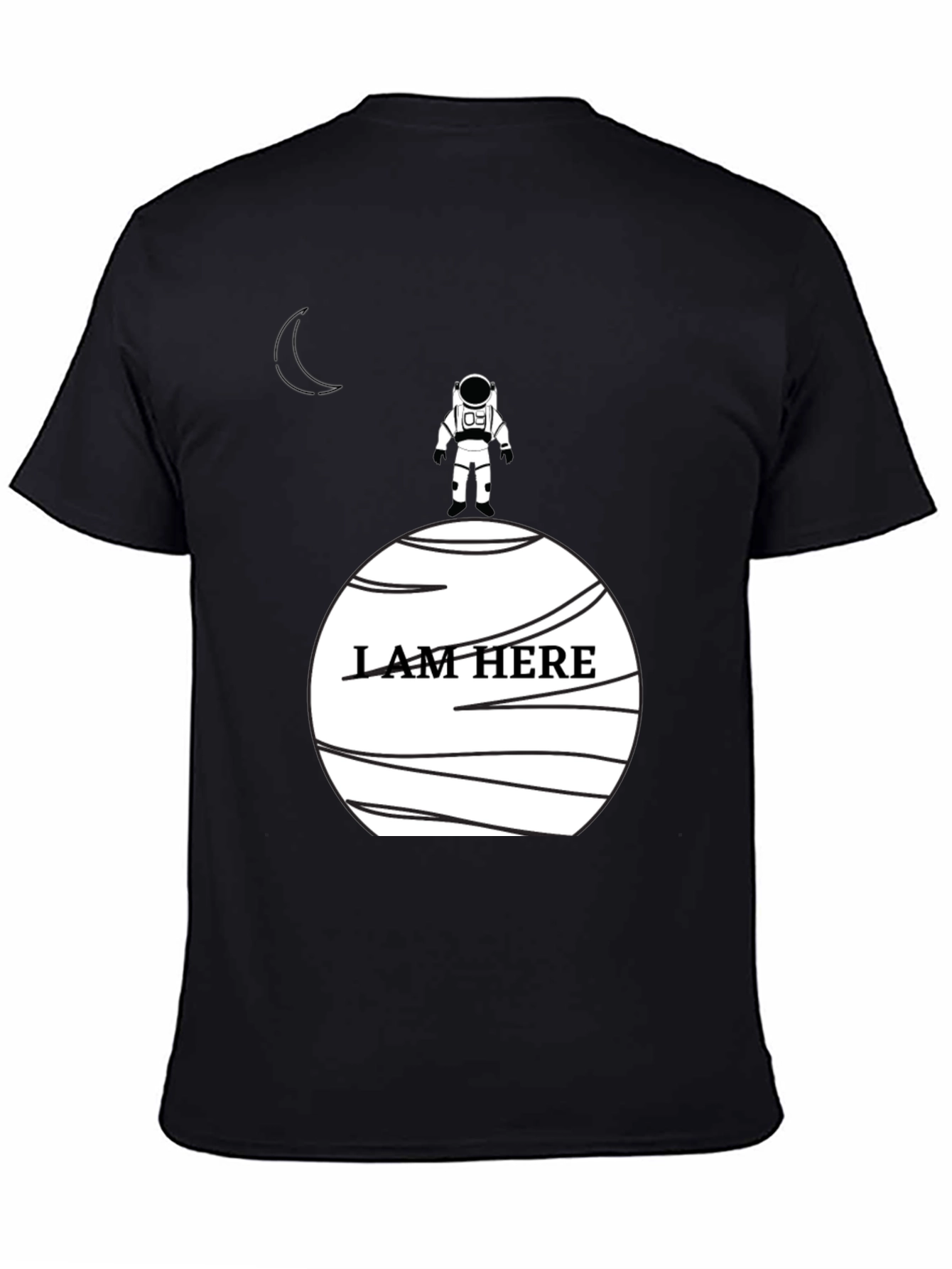 Astronaut I Am Here Graphic Black T-Shirt