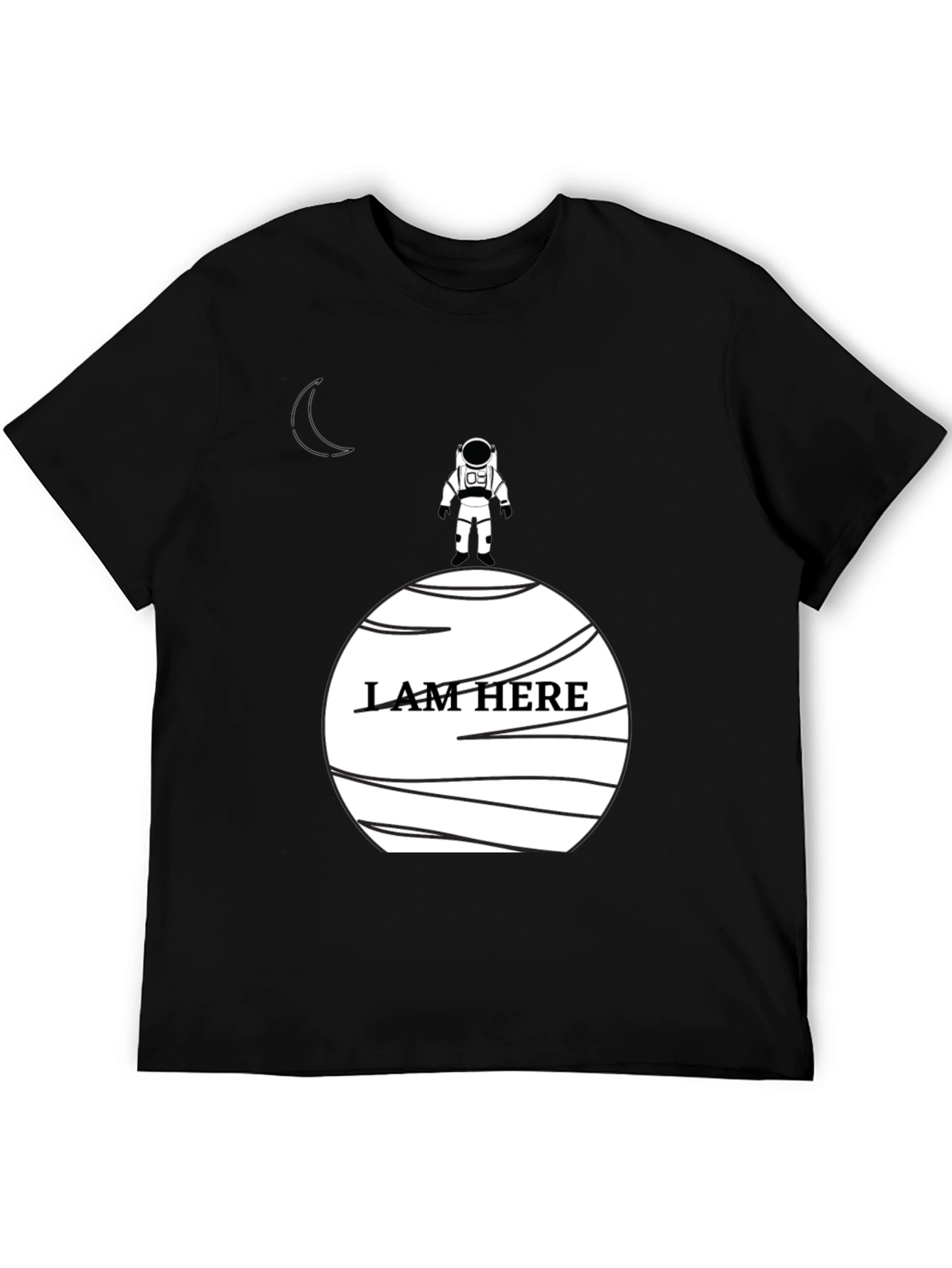 Astronaut I Am Here Graphic Black T-Shirt