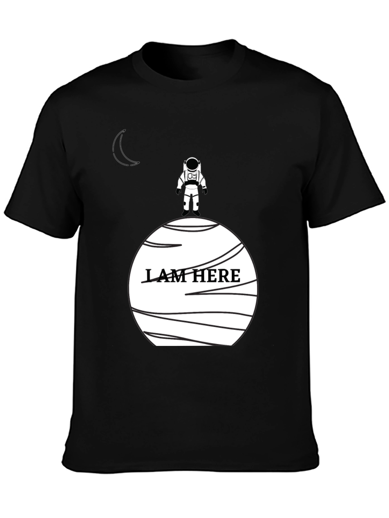 Astronaut I Am Here Graphic Black T-Shirt