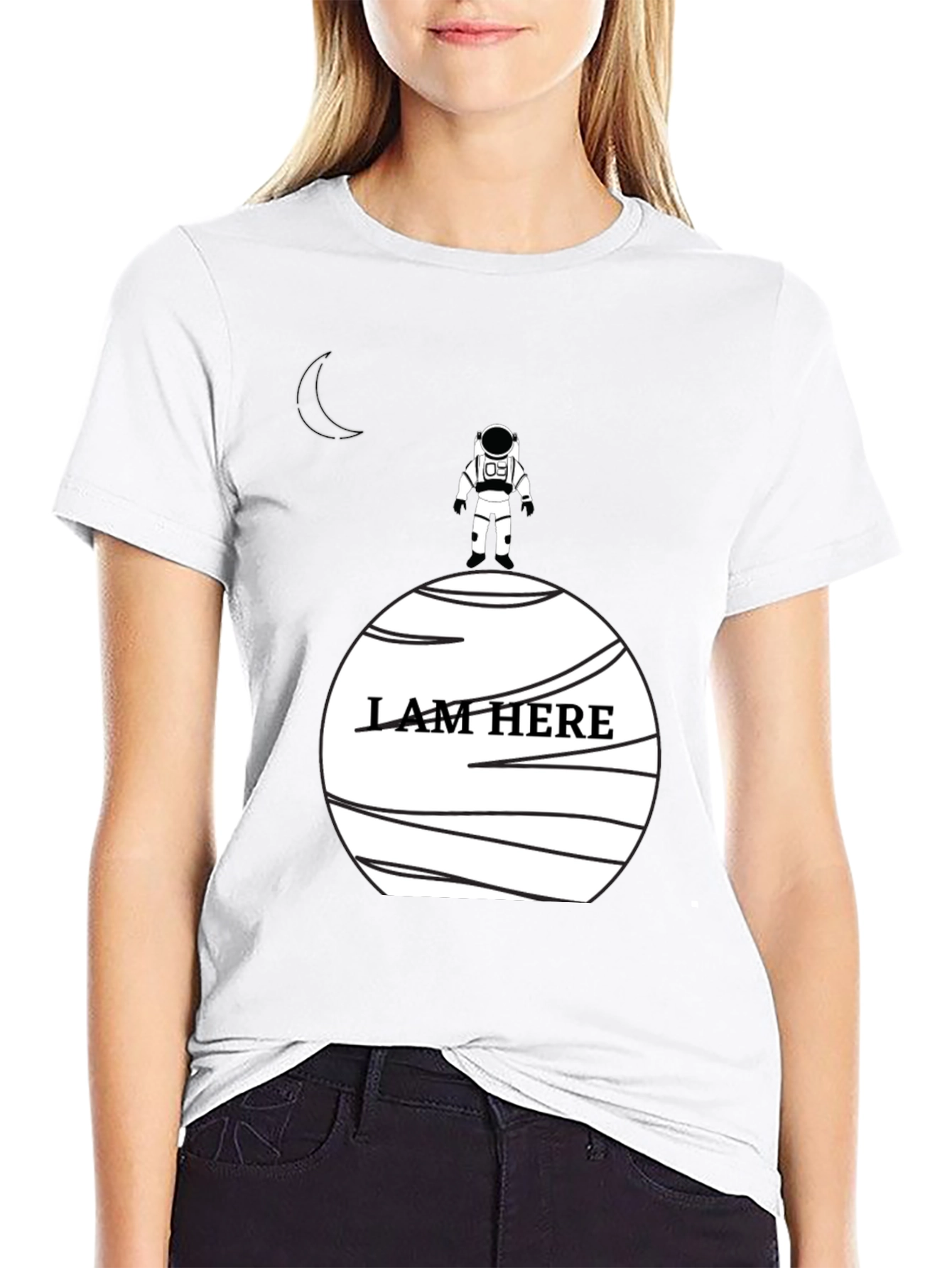 Astronaut I Am Here Graphic Black T-Shirt