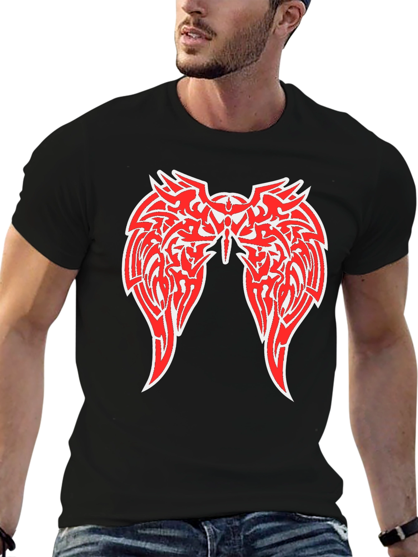 Black Graphic Tee - Red Winged Design