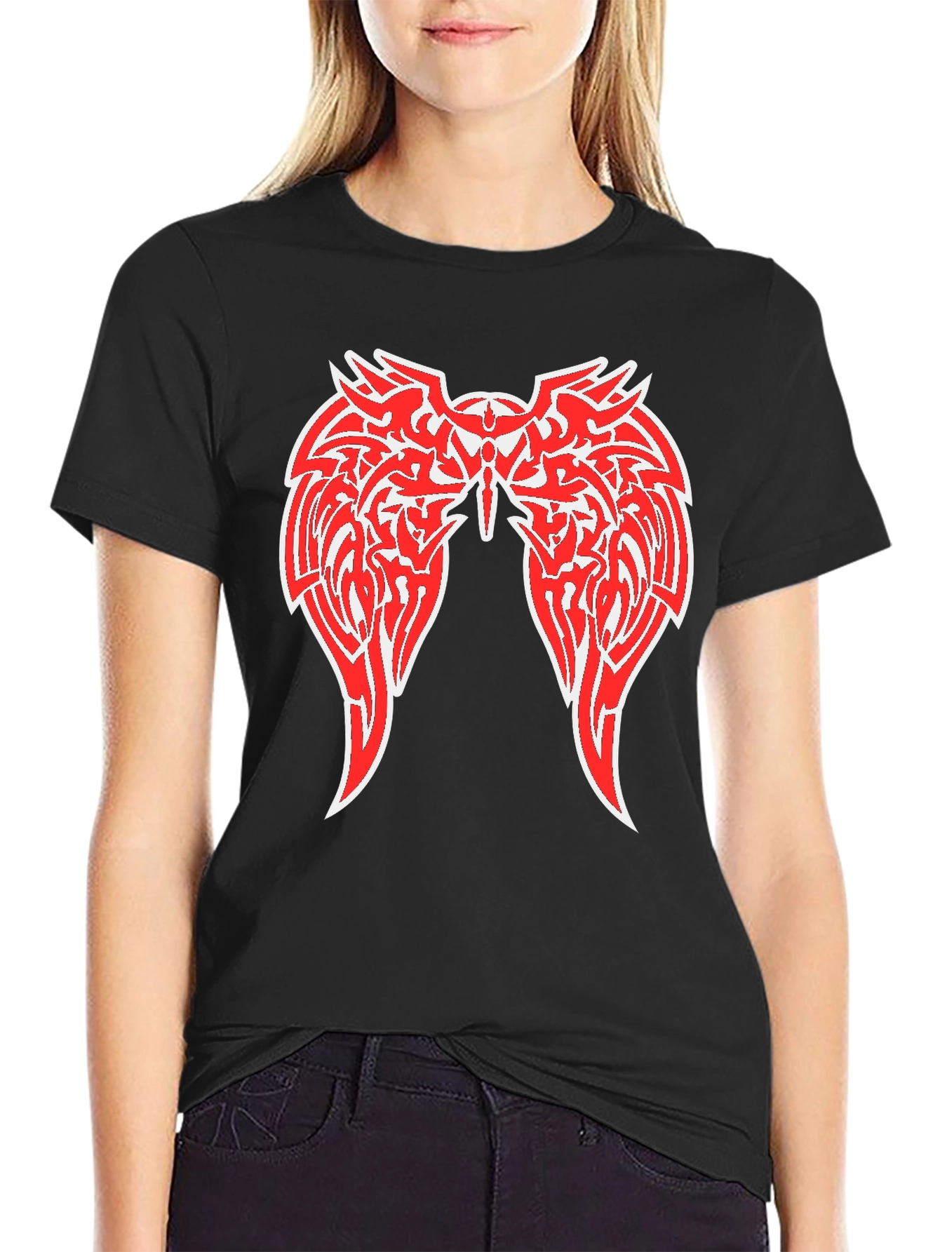 Black Graphic Tee - Red Winged Design
