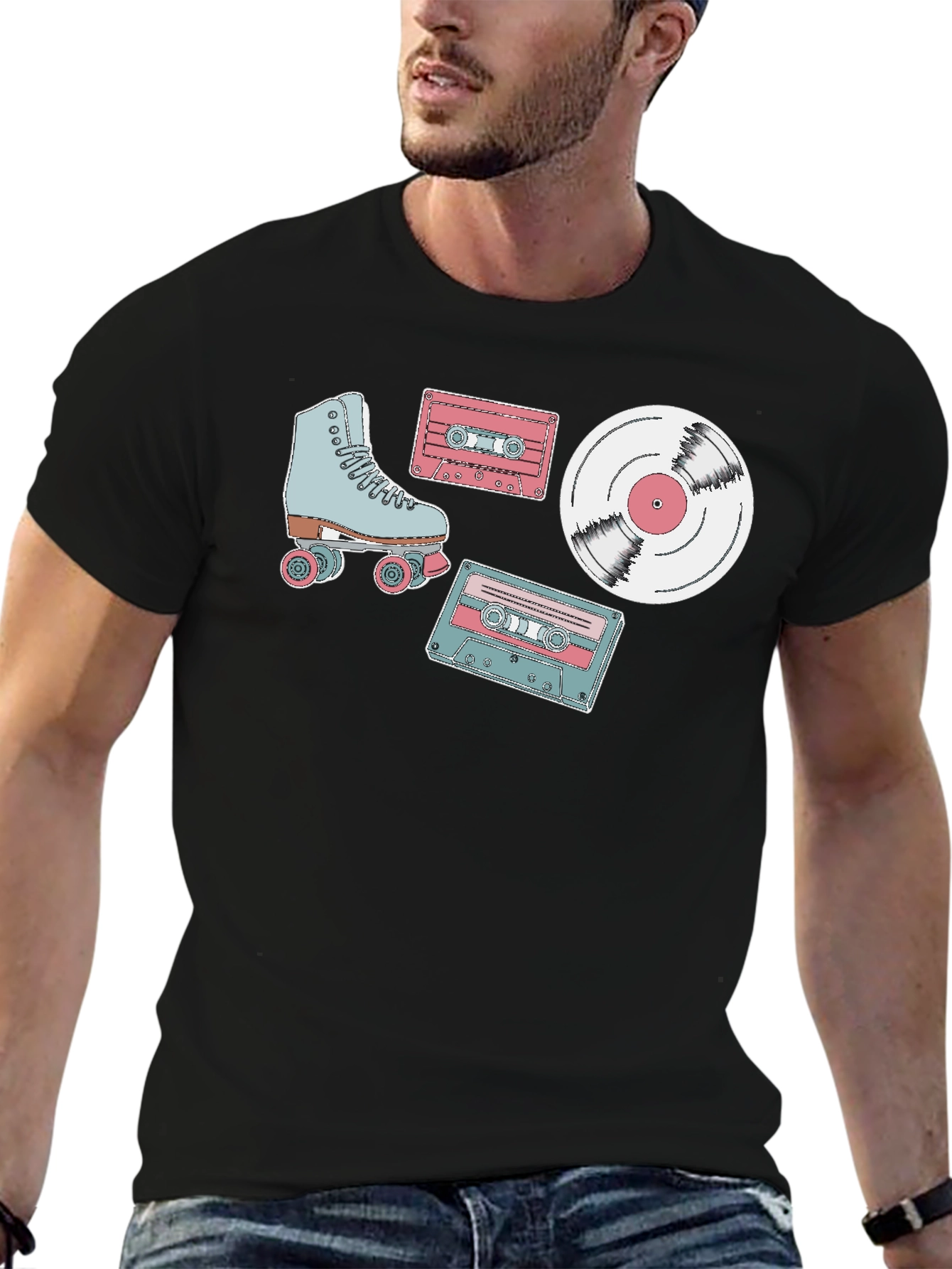Retro Roller Skate Cassette and Vinyl T-Shirt