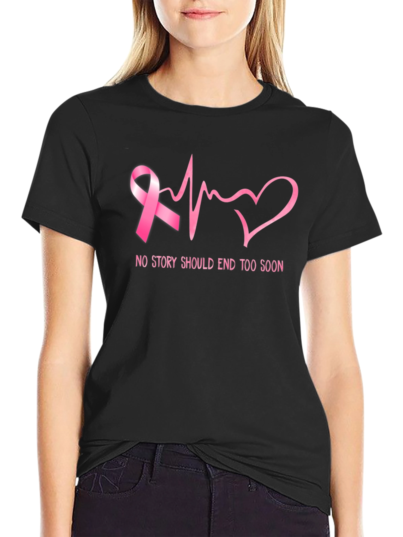 Breast Cancer Awareness Ribbon Heartbeat Graphic T-Shirt