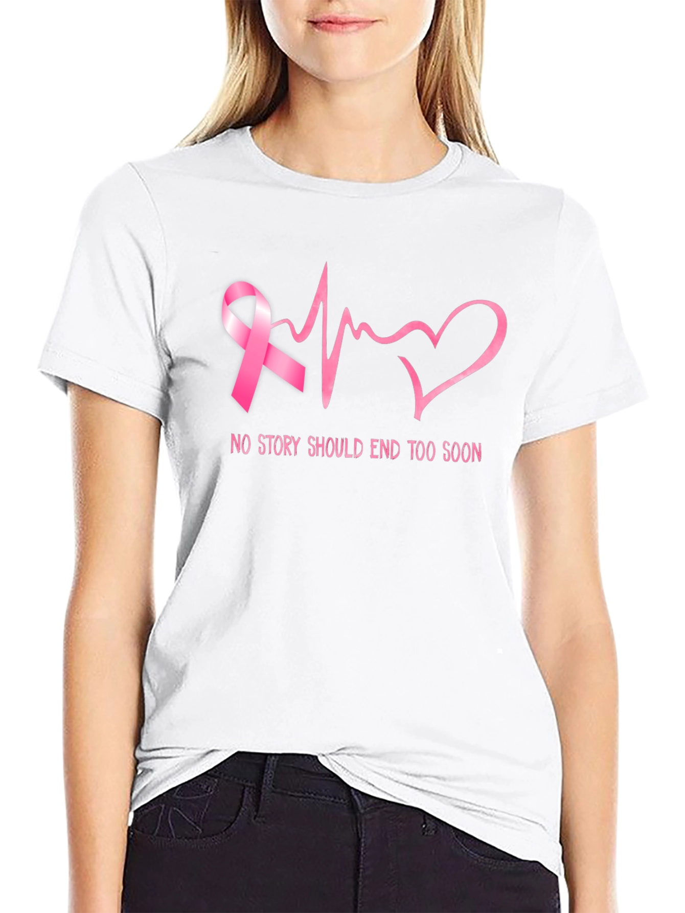 Breast Cancer Awareness Ribbon Heartbeat Graphic T-Shirt