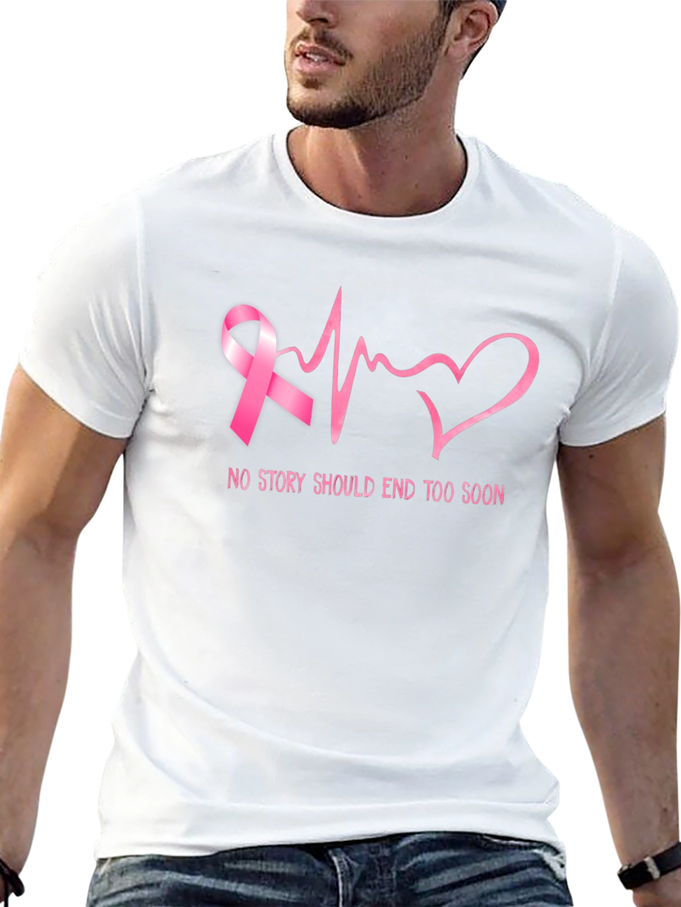 Breast Cancer Awareness Ribbon Heartbeat Graphic T-Shirt