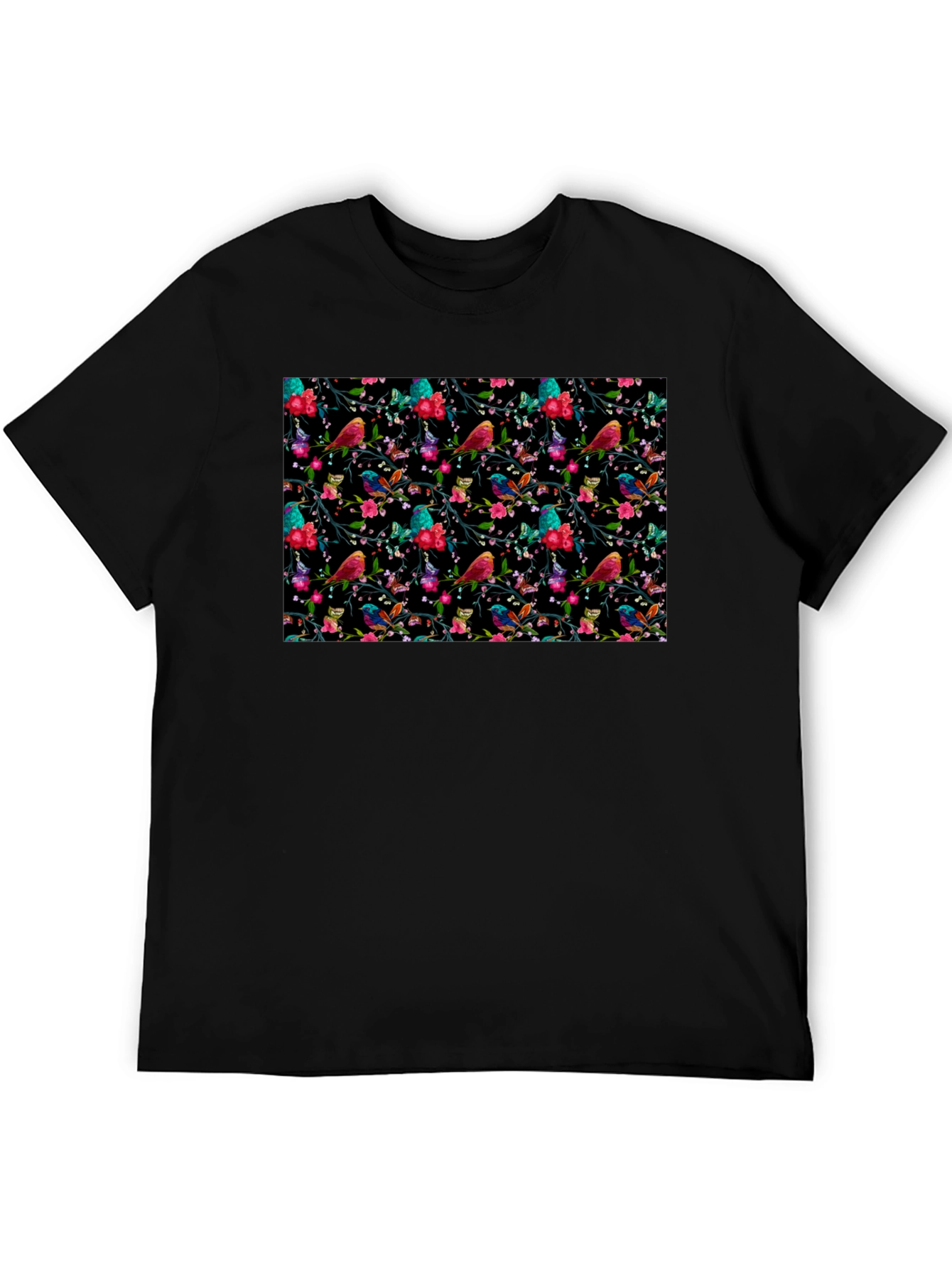Floral Bird Print Black Tee