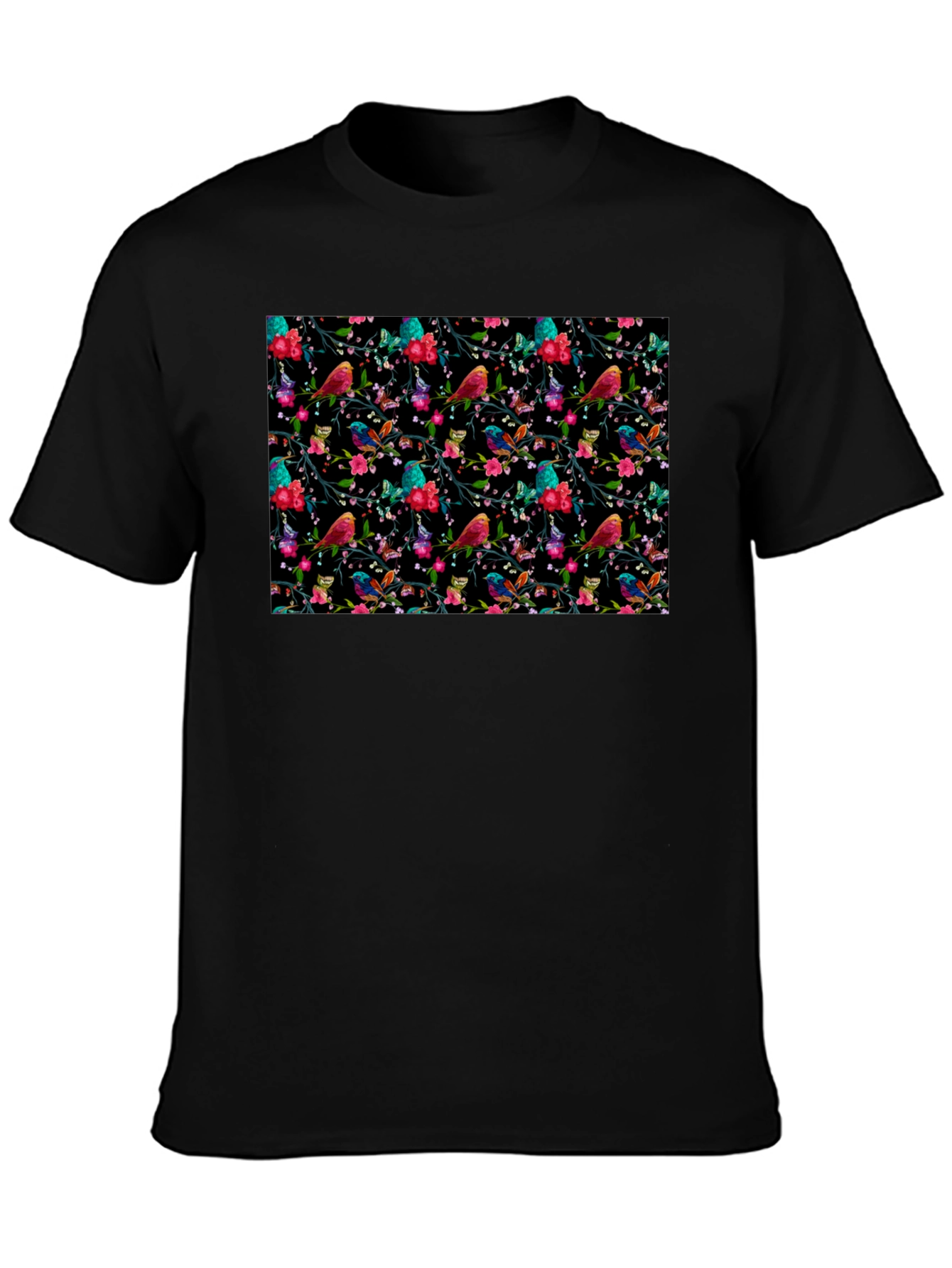 Floral Bird Print Black Tee
